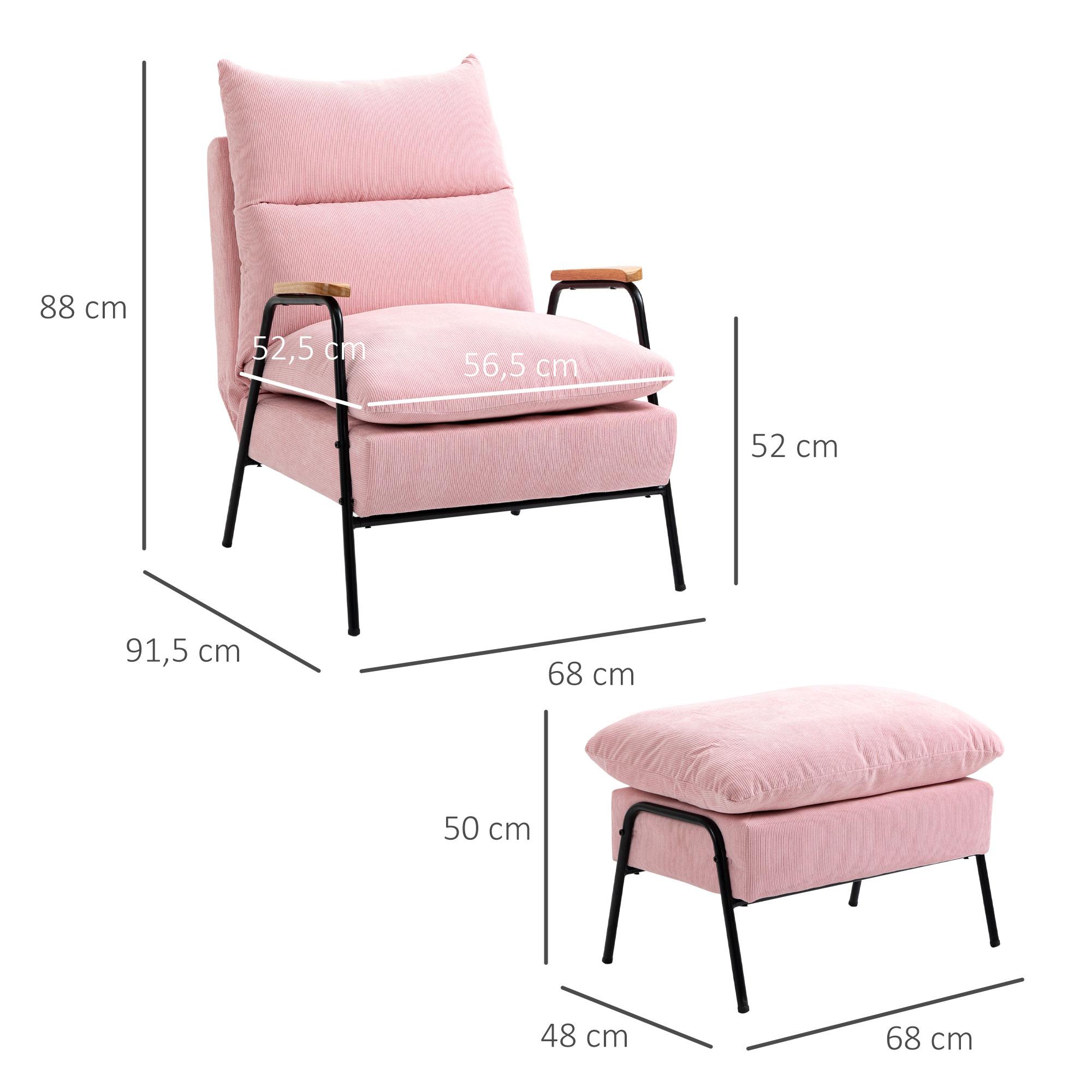 HOMCOM oorfauteuil met kruk, fauteuil met verstelbare rugleuning, roze