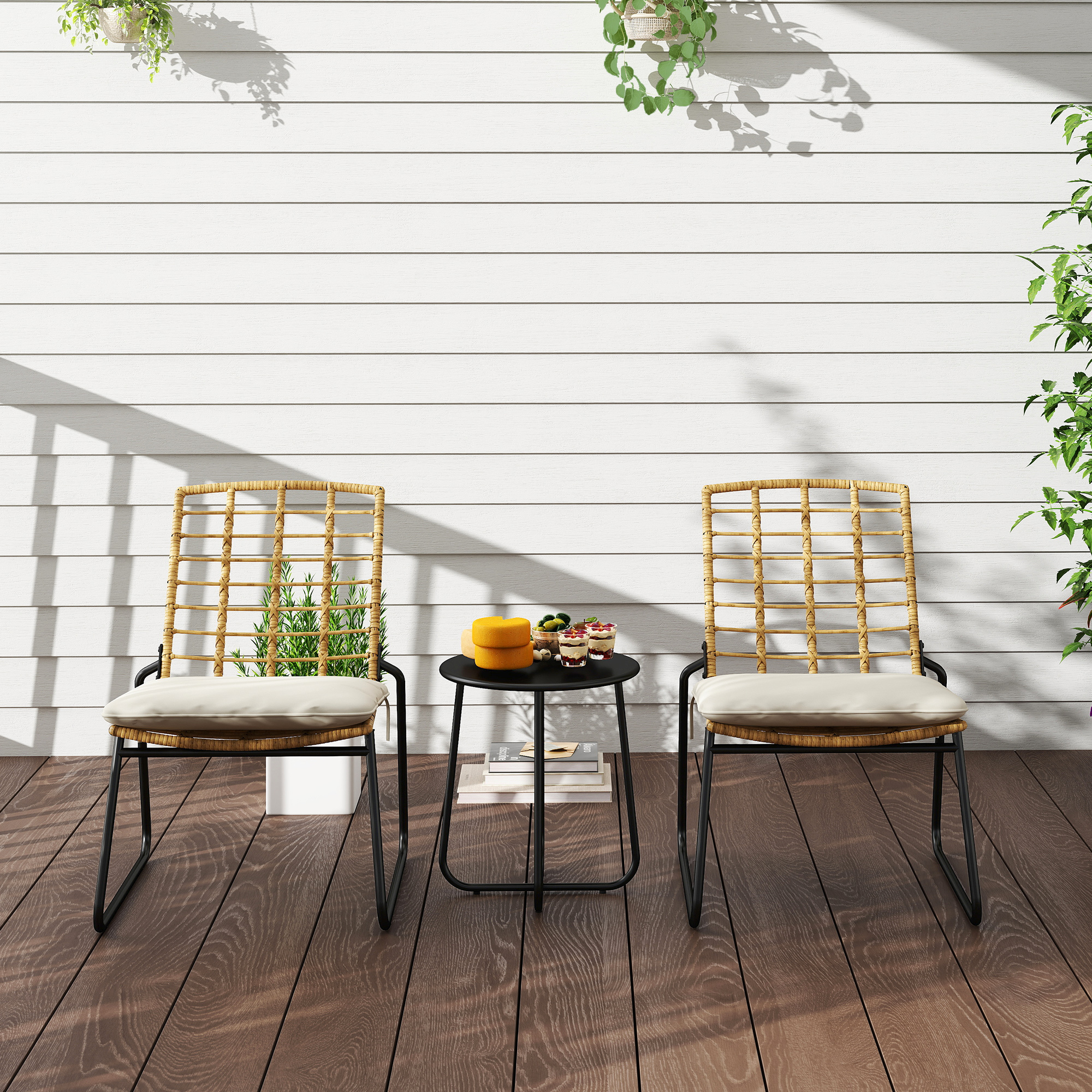 Outsunny 3-delig Tuinmeubelset, 2 Rattan Stoelen, 1 Tafel met Metalen Blad, Zitkussens, Bistroset, Beige & Bruin