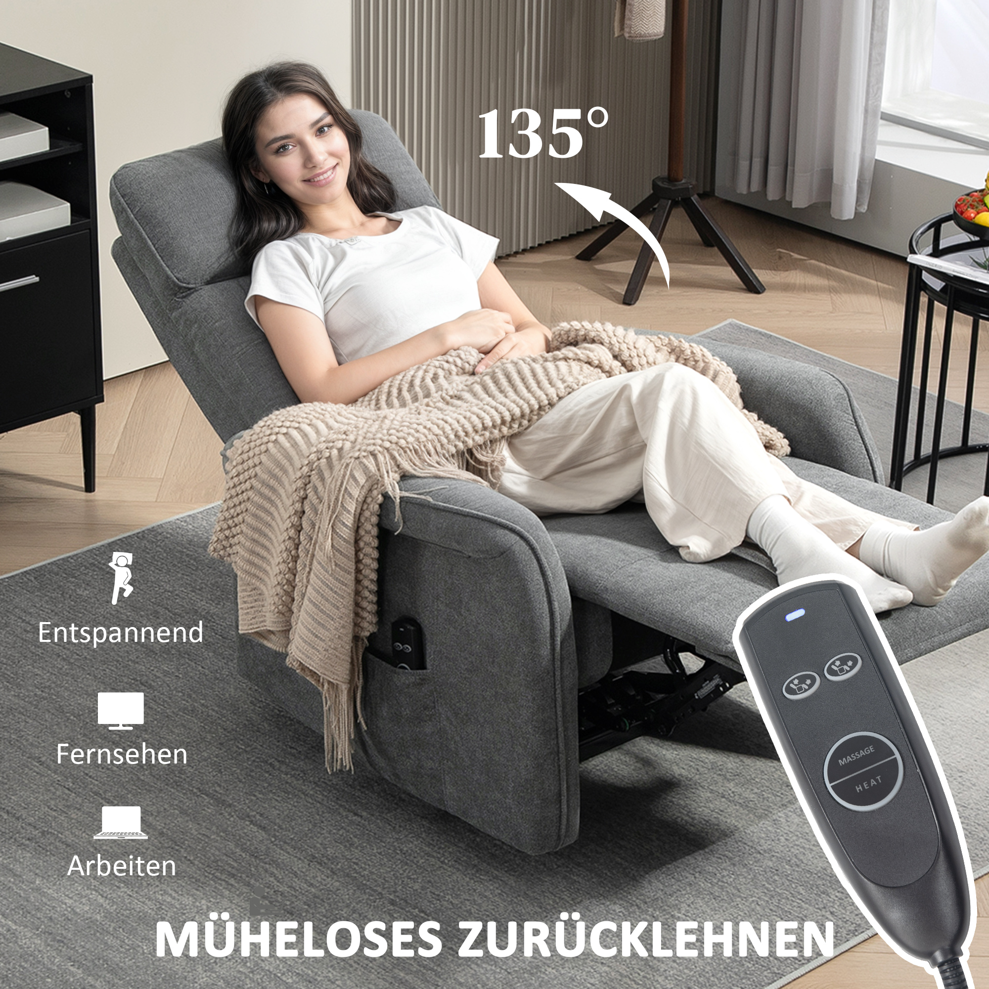 HOMCOM Massagestoel met Afstandsbediening, 8 Massagepunten, Lendeverwarming, USB-Poort, Zijvak, Gepolsterde Stoel, Grijs