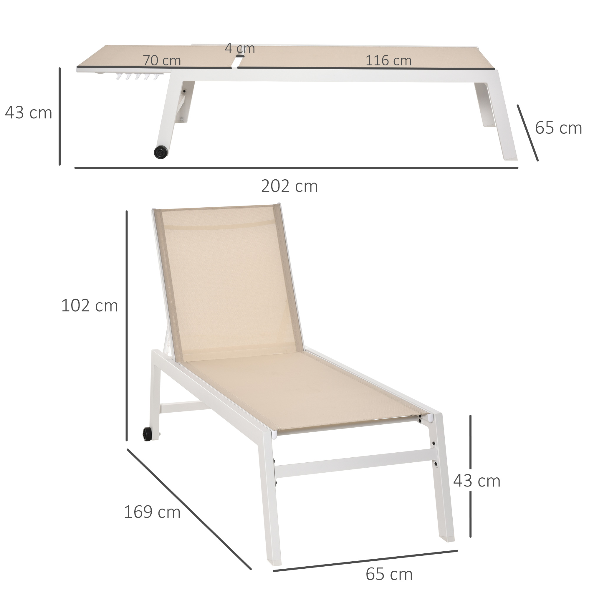 Outsunny ligbed verstelbaar aluminium crème wit 169 x 65 x 102 cm