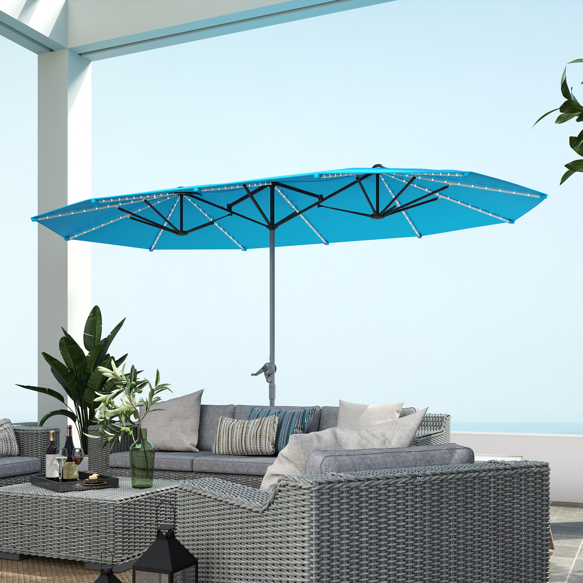 Outsunny Dubbele Parasol met Zonne-energie Verlichting, Aluminium, Polyester, UPF50+ Bescherming, UV-bestendig, Terrasparasol, Blauw