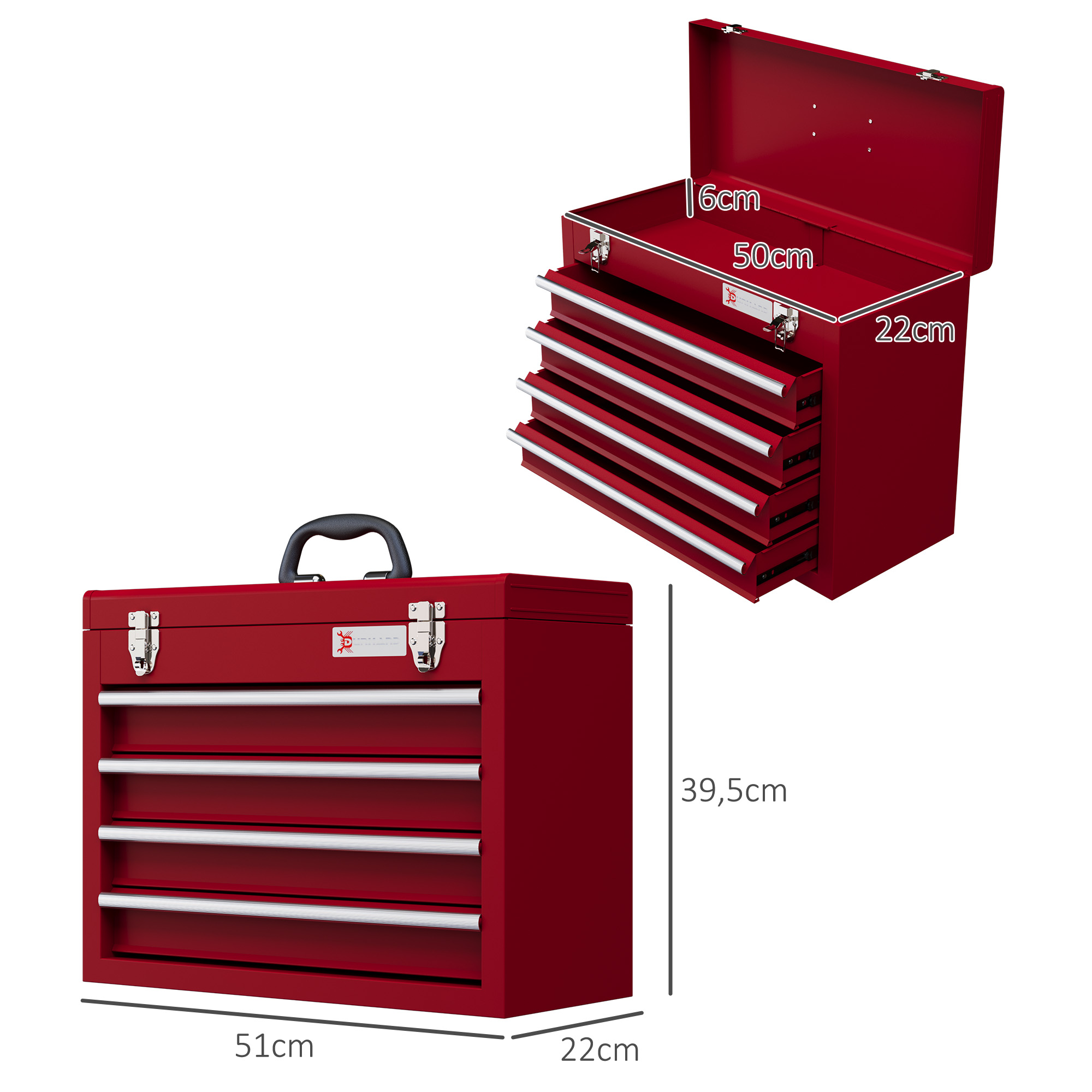 DURHAND Gereedschapskist met 4 lades, bovenvak, stalen sloten, draaggreep, 51x22x39,5 cm, Rood