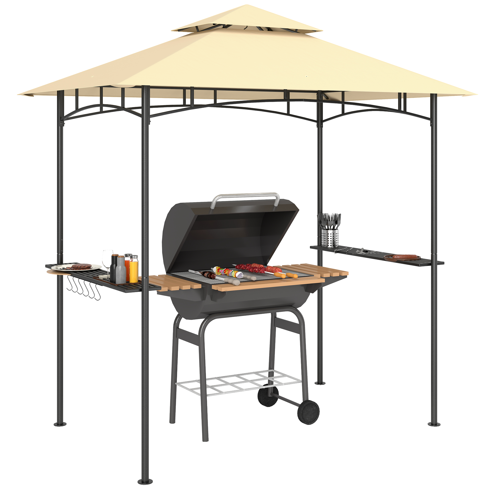 Outsunny Grillpaviljoen met LED 240 x 150 x 258 cm Waterafstotend Vlamvertragend Tuinpaviljoen met Dubbellaagse Overkapping