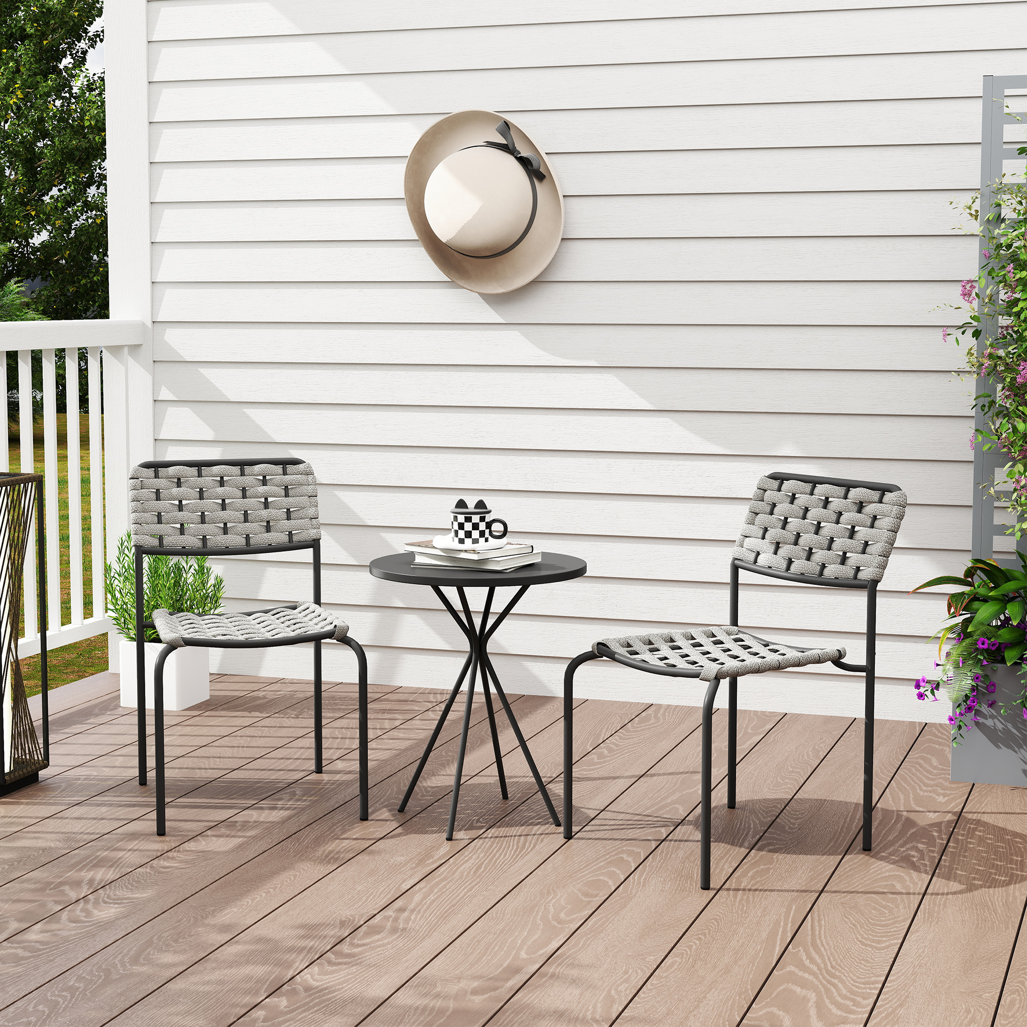 Outsunny Polyrattan Tuinmeubelset, Outdoor Lounge Balkonmeubel voor 2, 3-Delig 2 Stoelen, Tafel Grijs