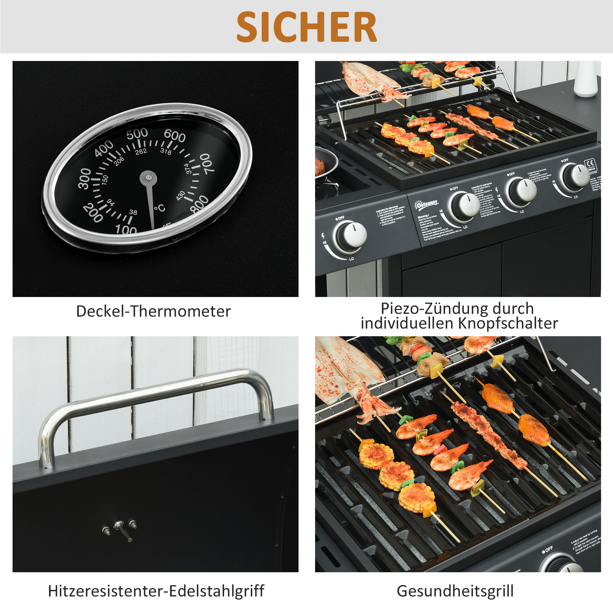 Outsunny gasgrill BBQ met 4 branders metaal zwart 110 x 50 x 100 cm