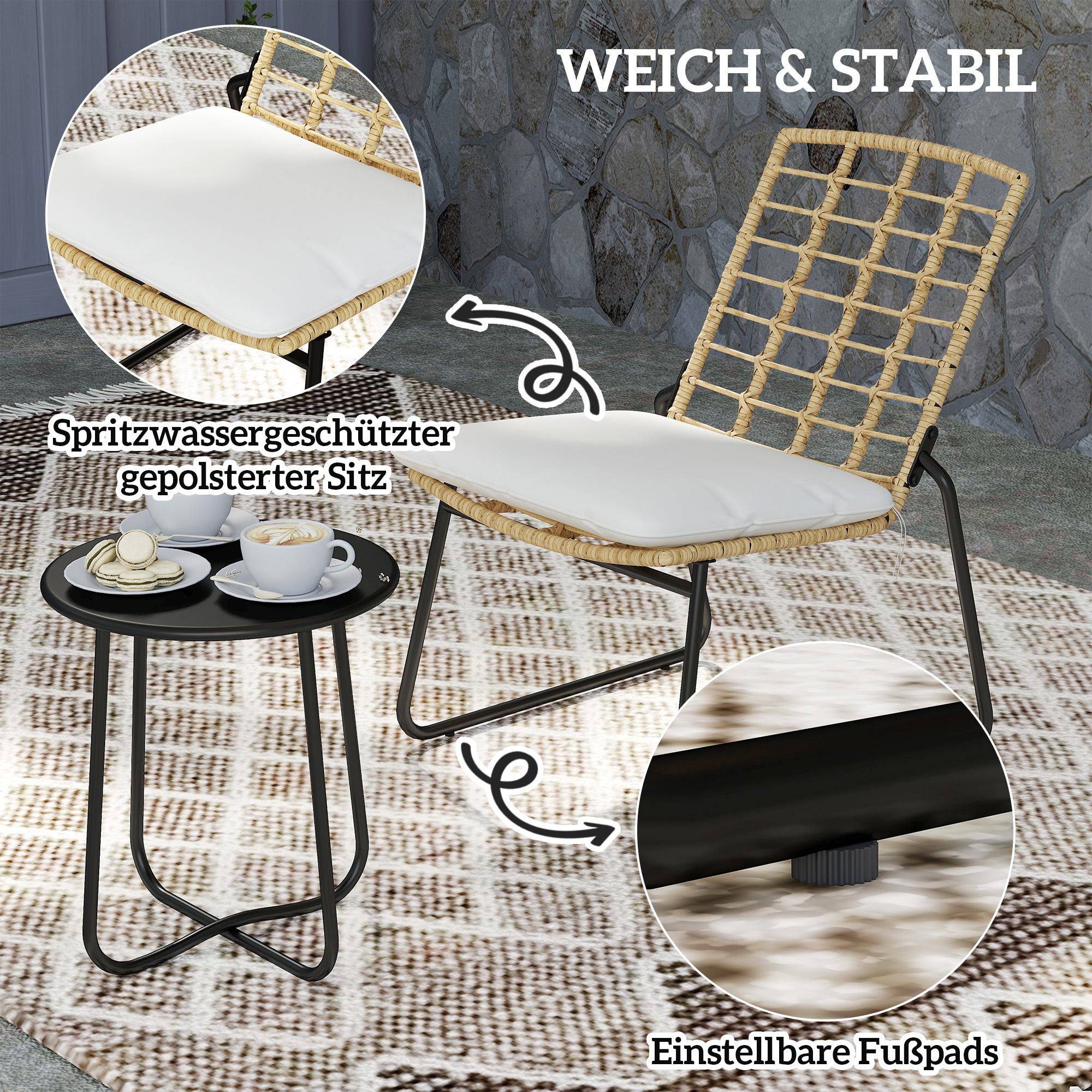 Outsunny 3-delig Tuinmeubelset, 2 Rattan Stoelen, 1 Tafel met Metalen Blad, Zitkussens, Bistroset, Beige & Bruin