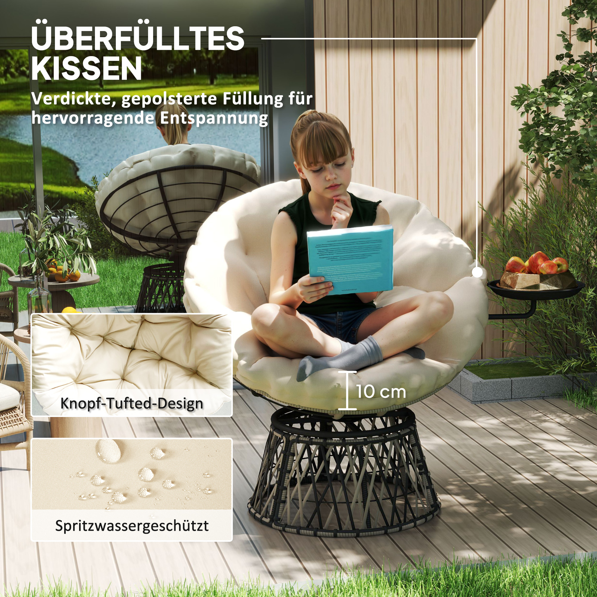 Outsunny 360° Draaibare Rattan Papasan Stoel met Kussen, Diameter 90 cm, Beige