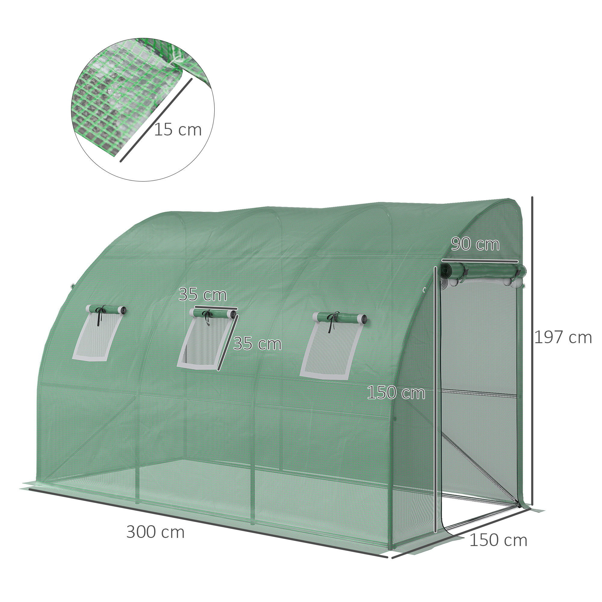 Outsunny foliekas, tomatenkas met gaasvenster, kas met roldeuren, kwekerij met UV-bescherming, groen, 300 x 150 x 197 cm