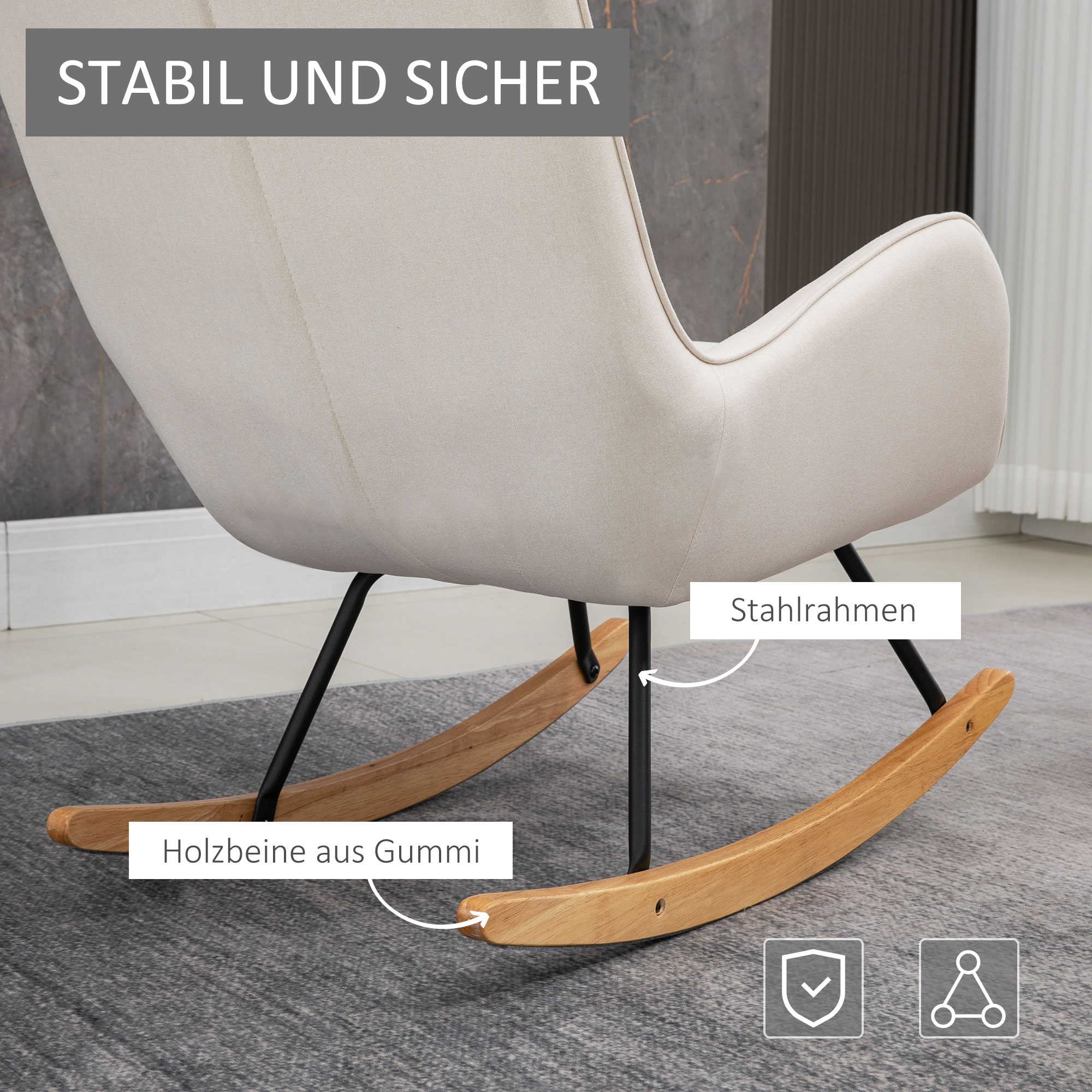 HOMCOM Schommelstoel in Scandinavisch design - Relaxfauteuil met knopsteekdetailing, 69 cm x 90 cm x 100 cm, Crème + Natuur + Zwart