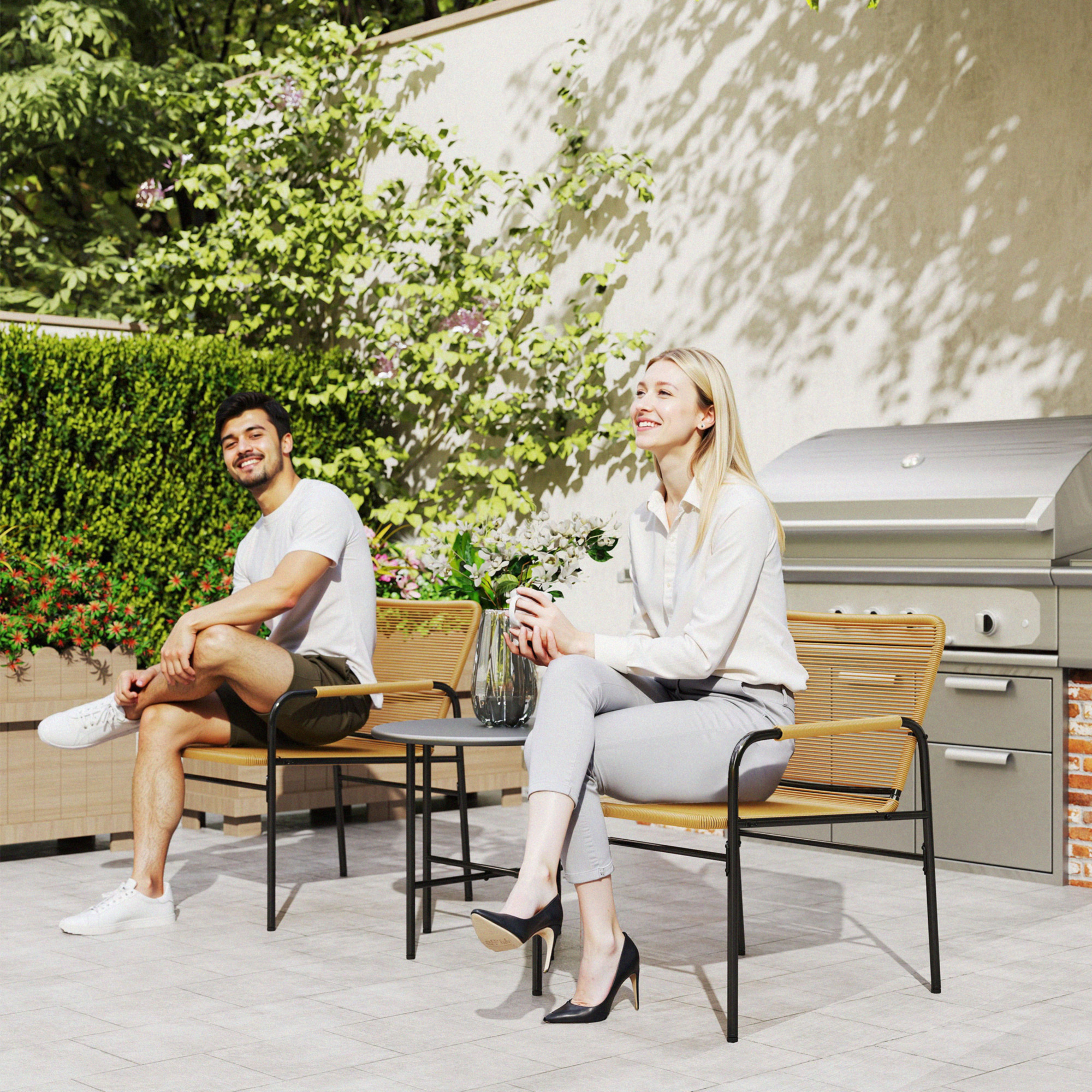 Outsunny 3-delig Rattan Bistroset, Zitgroep, Tuinset met 2 Tuinstoelen, Salontafel 54 x 66 x 76 cm Geel