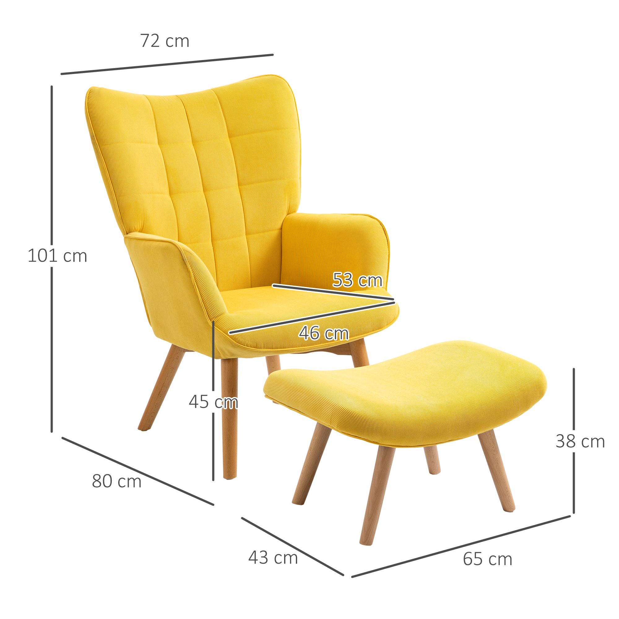 HOMCOM Fauteuil scandi accent met voetenbank, fauteuilset, beukenhout, corduroy-look, geel