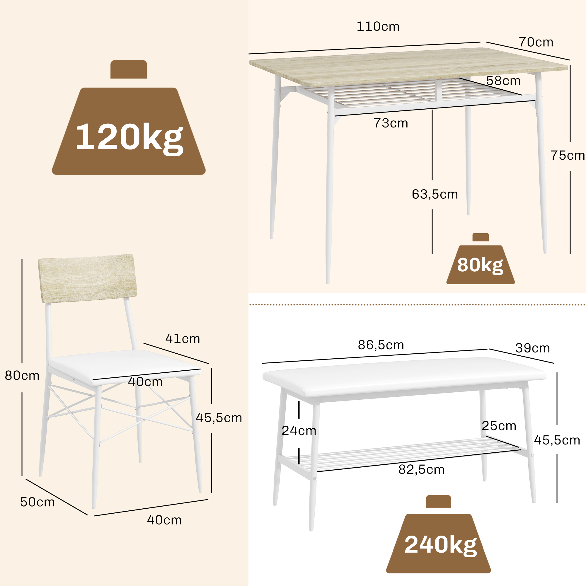HOMCOM 4-delige Eettafelset met Stoelen en Bank voor 4 Personen, Gepolsterde Zittingen, Staalframe, Hout, Wit