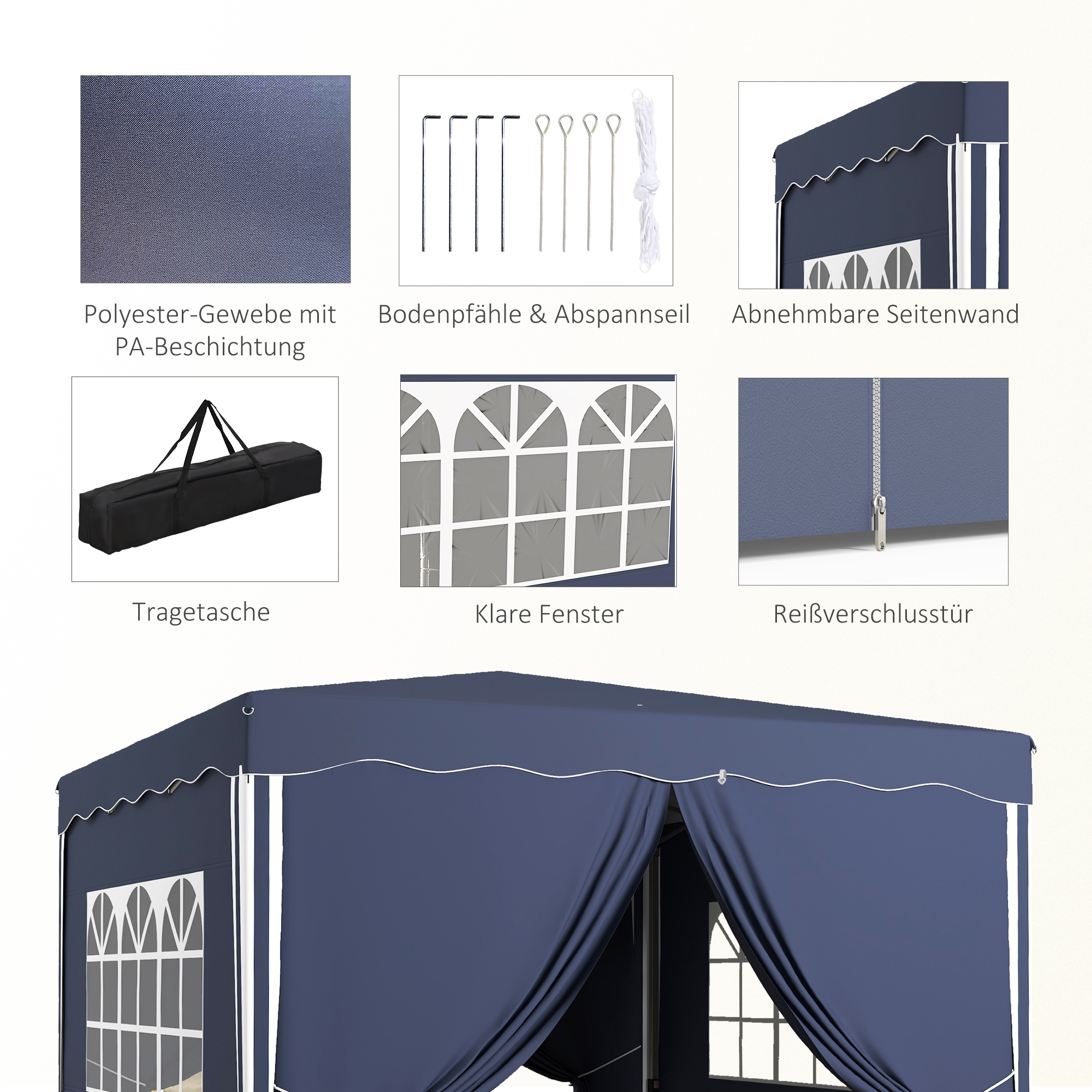 Outsunny Opvouwbare tuinpaviljoen, verstelbaar in hoogte, 2 grote ramen, draagtas, metalen frame, 3x3m, Blauw