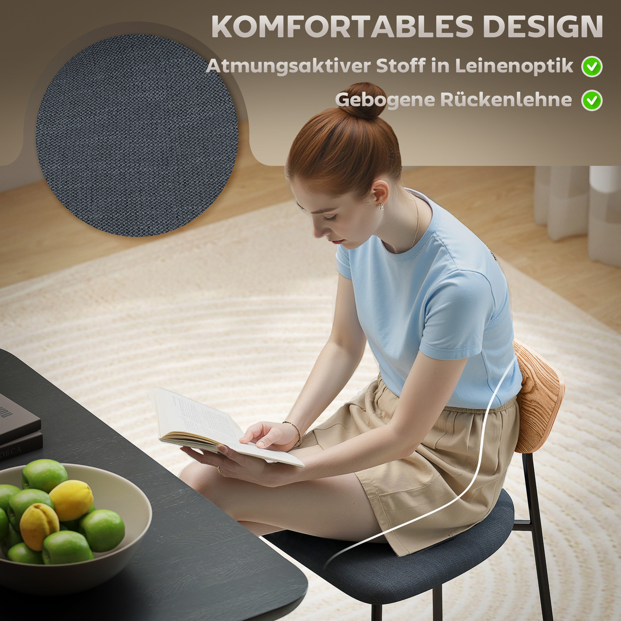 HOMCOM Set van 2 eetkamerstoelen in linnen-look, armloos ontwerp, metalen poten, Grijs