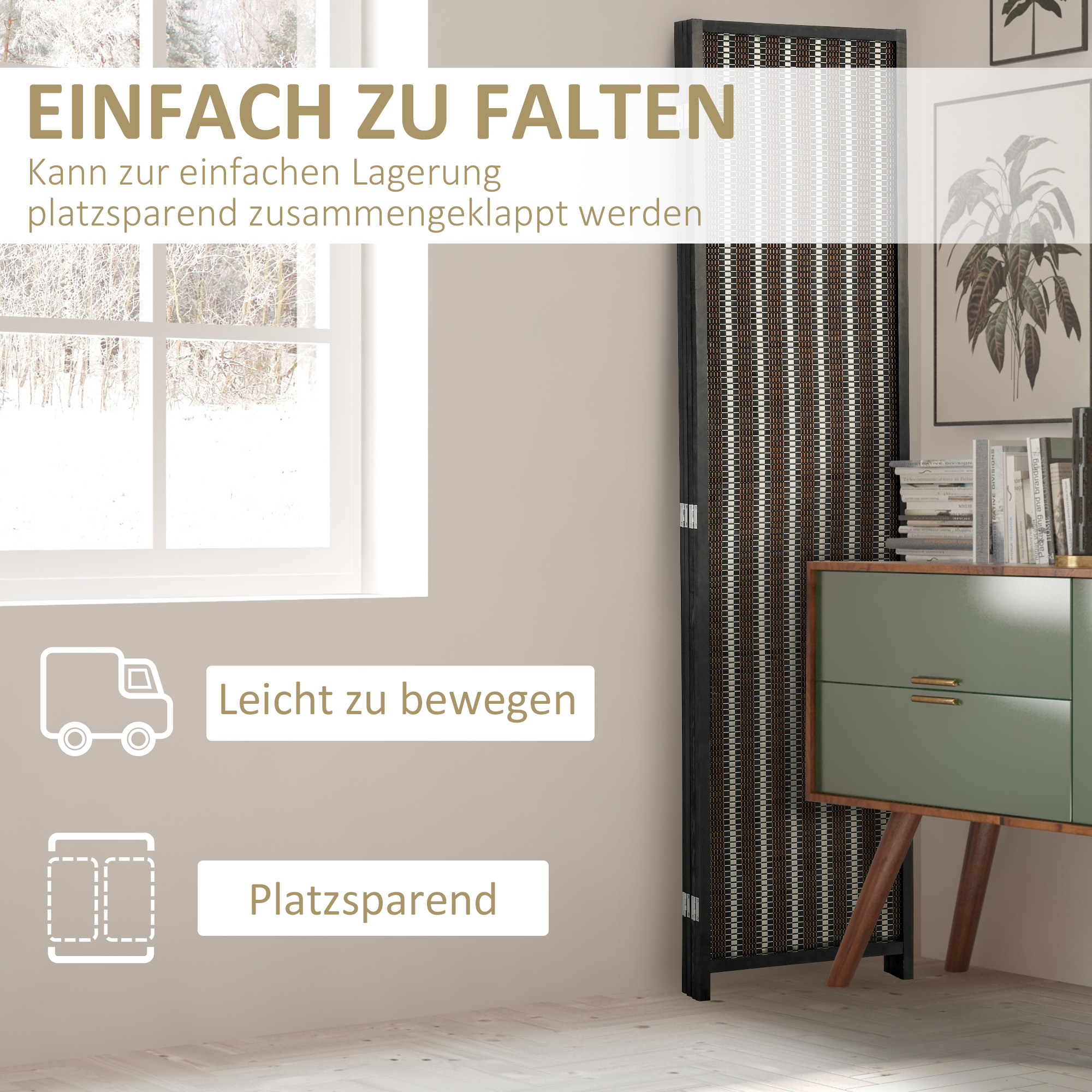 HOMCOM Kamerverdeler, Opvouwbaar, Grenenhout/Bamboe, 180 x 180 cm, Bruin/Zwart