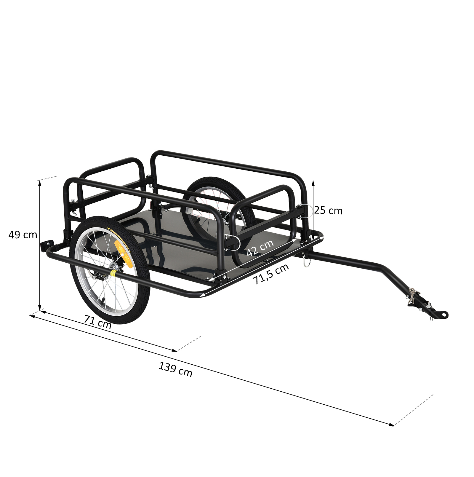 HOMCOM Fietskar Aanhangwagen voor fiets 40 kg laadvermogen Transportkar Handkar Trekhaak Staal Zwart 139 x 71,5 x 49 cm