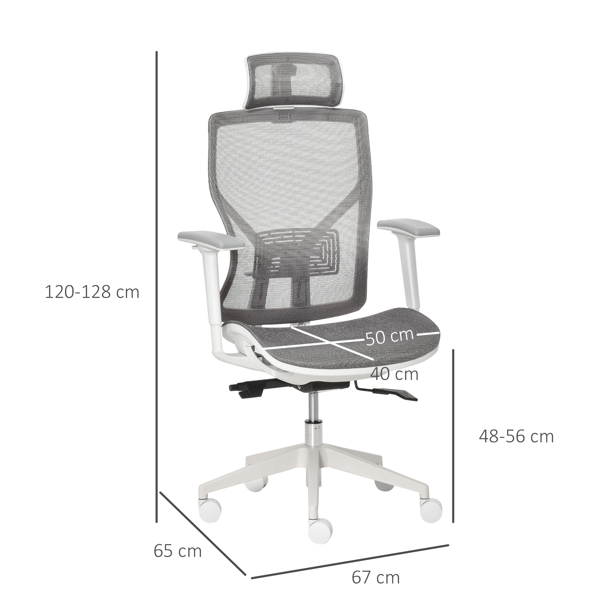 Vinsetto bureaustoel bureaustoel draaistoel gamestoel met hoofdsteun lendenkussen 3D-armleuning 3 niveaus 360 ° zwenkbare wielen, in hoogte verstelbaar ergonomische netstof schuimgrijs 67 x 65 x 120-128 cm