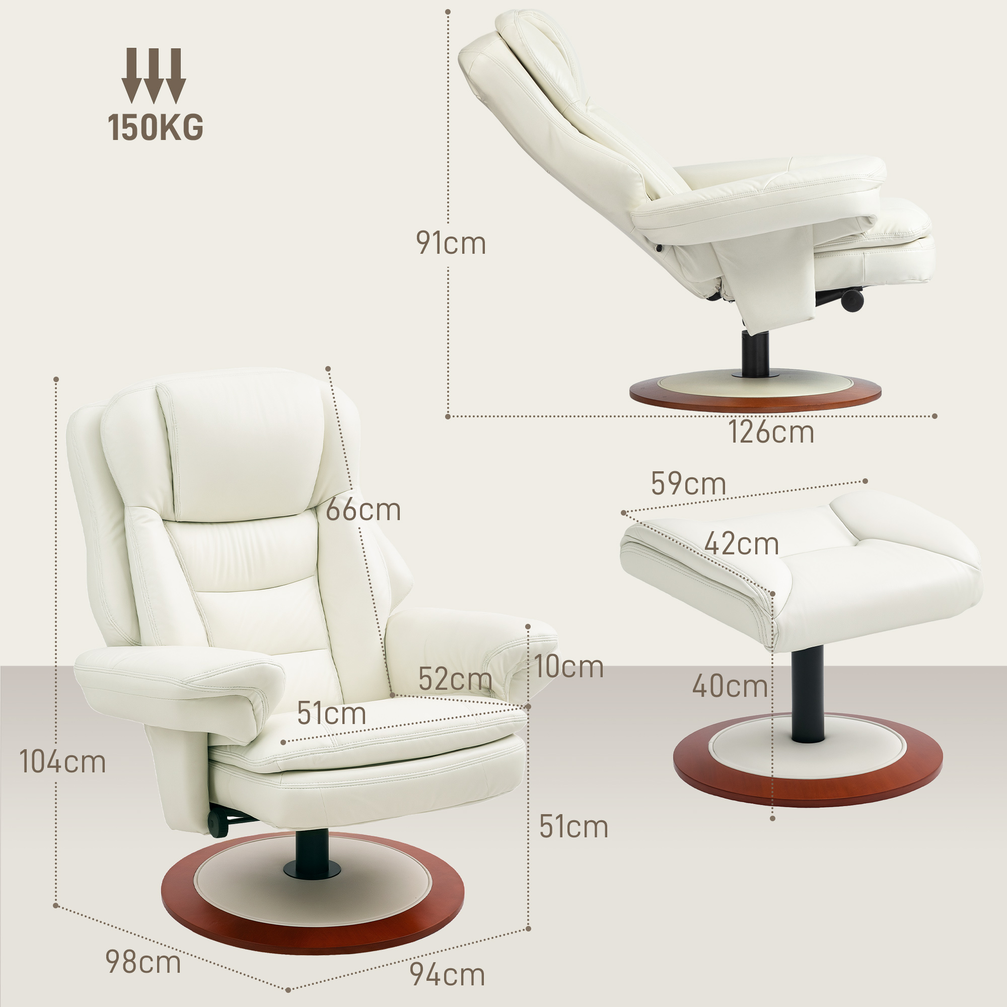 HOMCOM Relaxfauteuil met Voetenbank, 360° Draaibaar, Ergonomisch, Kunstleer, 94 x 98 x 104 cm, Crèmewit