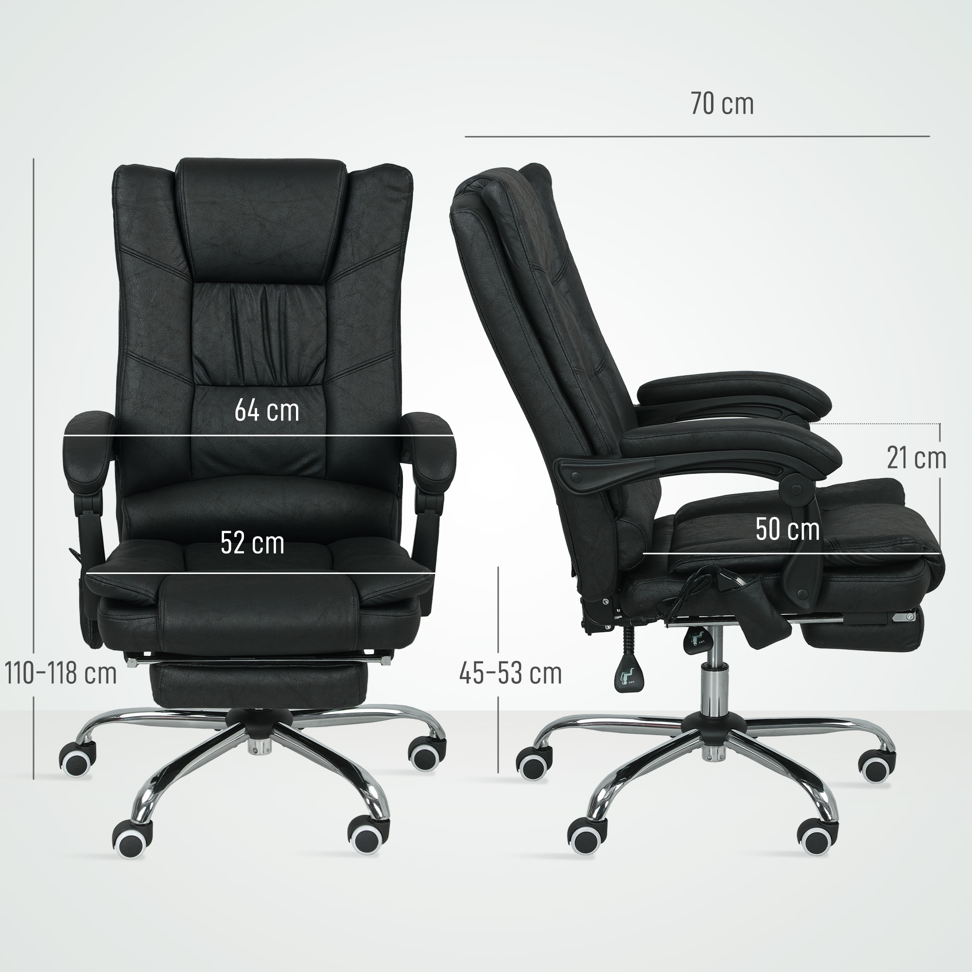 Vinsetto Massagestoel Bureau met Massagefunctie, incl. Voetensteun, Verstelbaar, 64 cm x 70 cm x 118 cm, Zwart