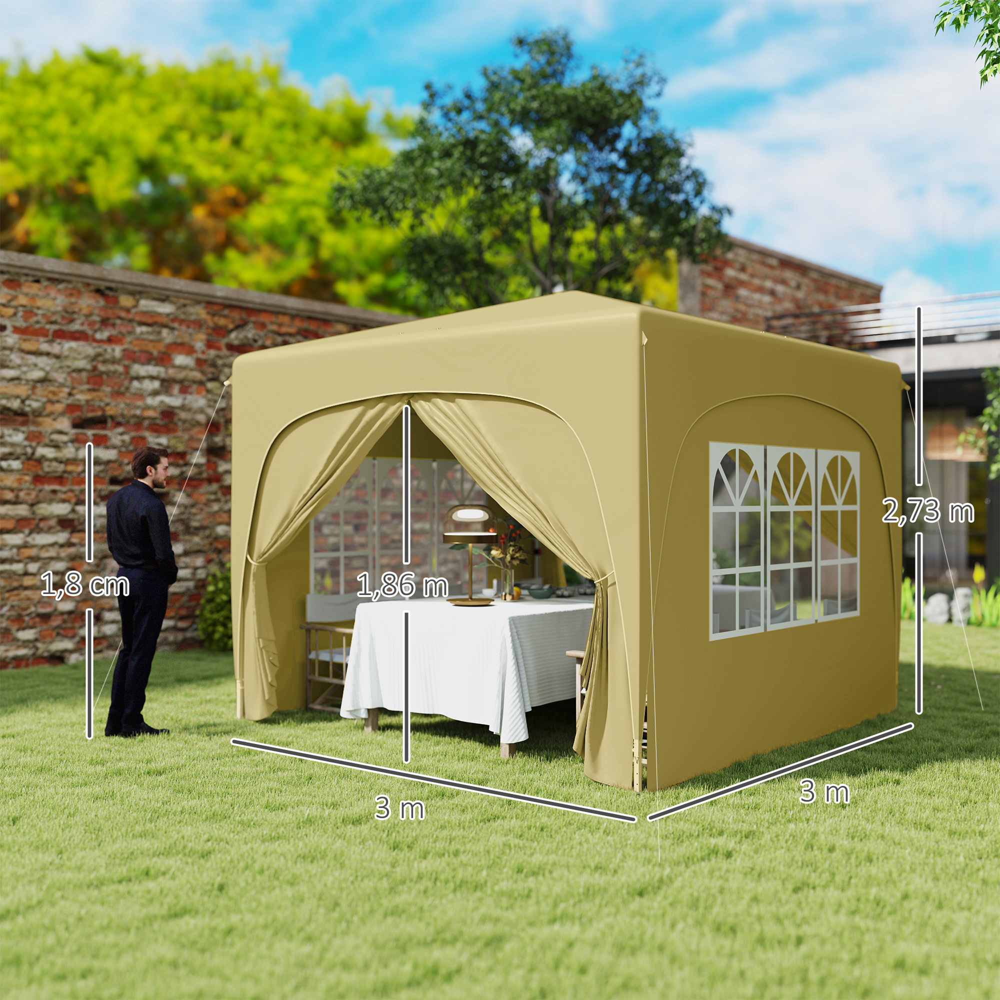 Outsunny 3 x 3 m Paviljoen, Pop-up Tuintent met Zijwanden en Draagtas, UPF50+, Hoogte Verstelbaar, Zand