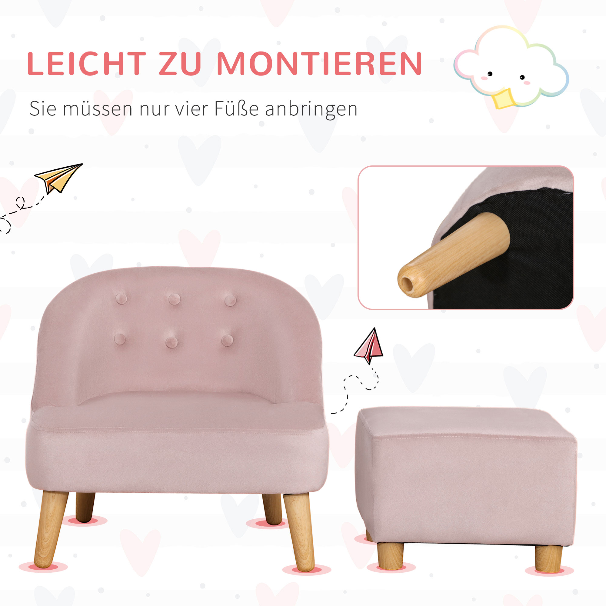 Homcom kinderfauteuil met voetenbank voor kinderen van 3 tot 5 jaar, schattig fluwelen design, 51 cm x 51 cm x 50 cm, roze
