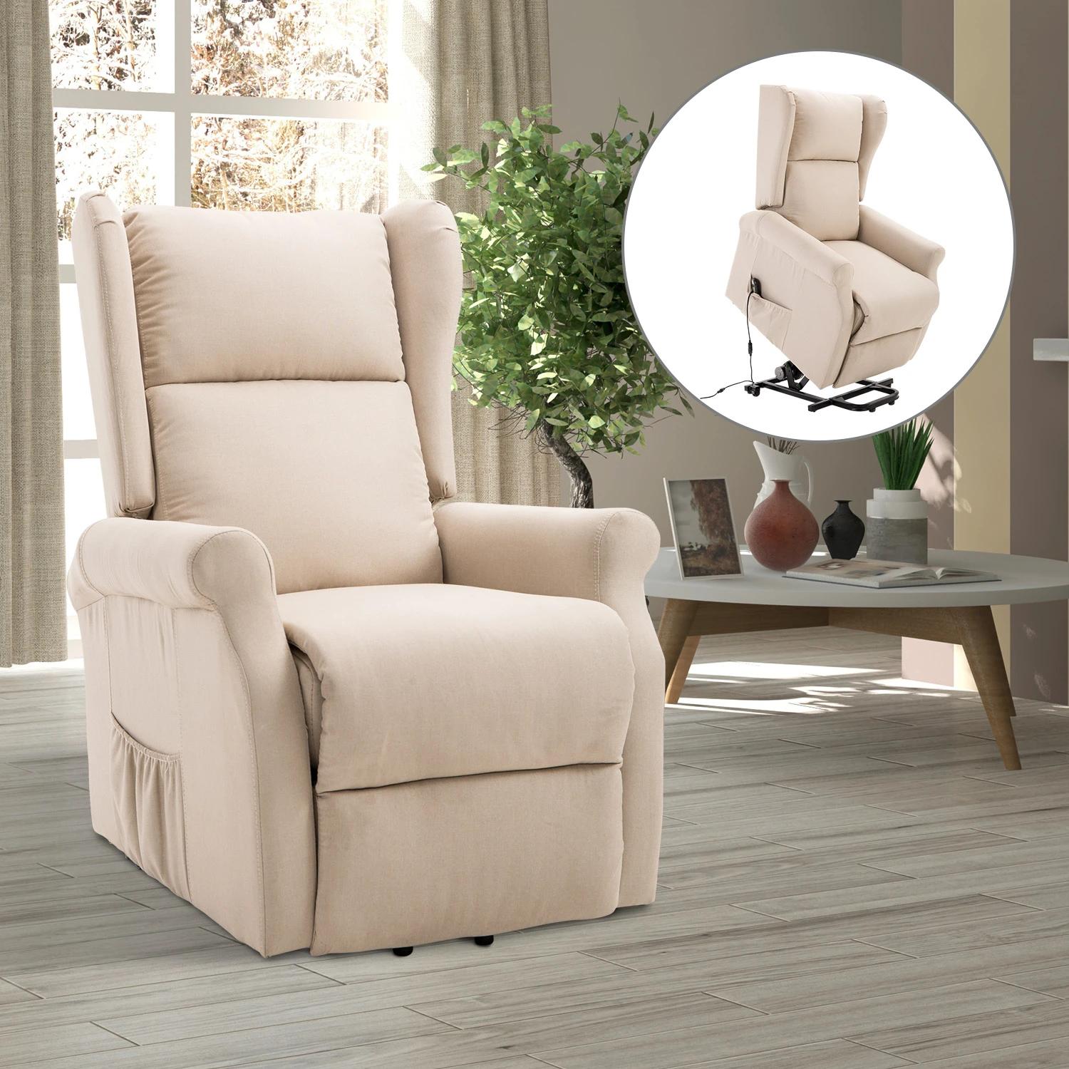 HOMCOM® relaxstoel tv-stoel met elektrische opstahulp linnen hout schuimstof crème 72,5 x 94 x 109 cm | Aosom.nl