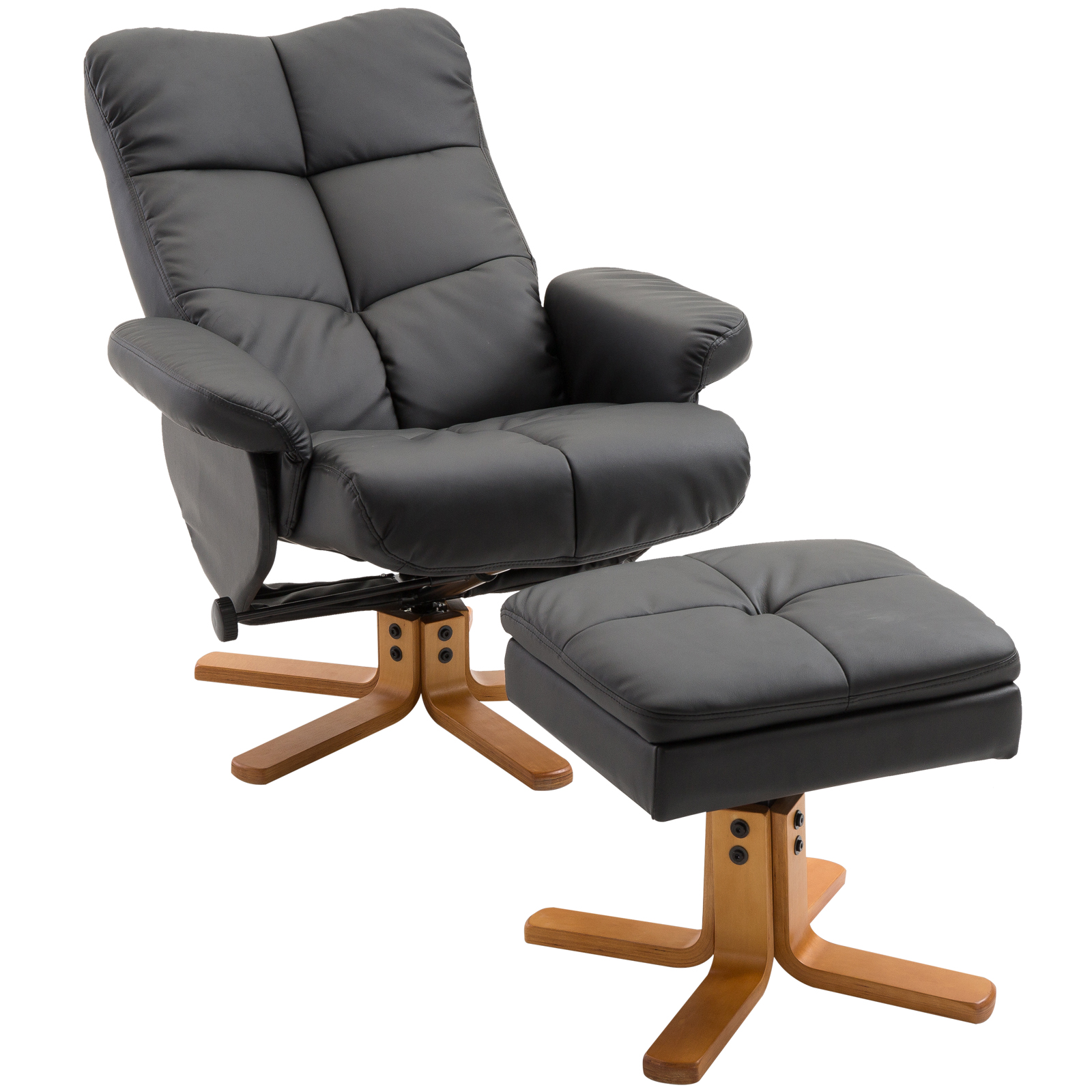 HOMCOM Relaxstoel met kruk tv-stoel 360° draaibaar ligfunctie hout zwart