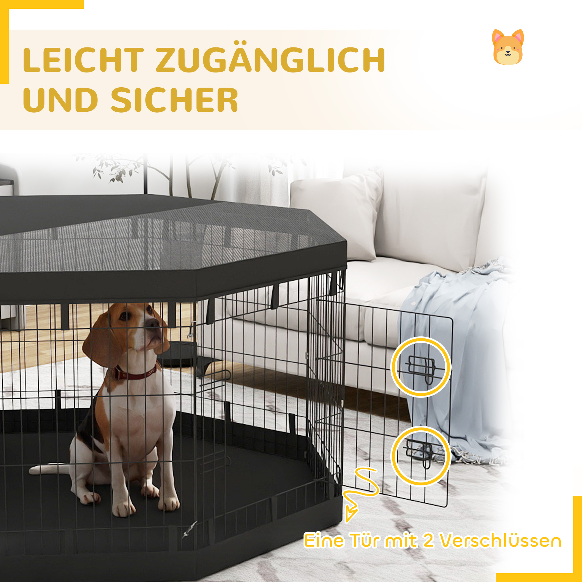 PawHut Puppyren, 76 cm Hoog/ong. 2,5 m², 8 Panelen, Bodemzeil, Combo-Dakzeil