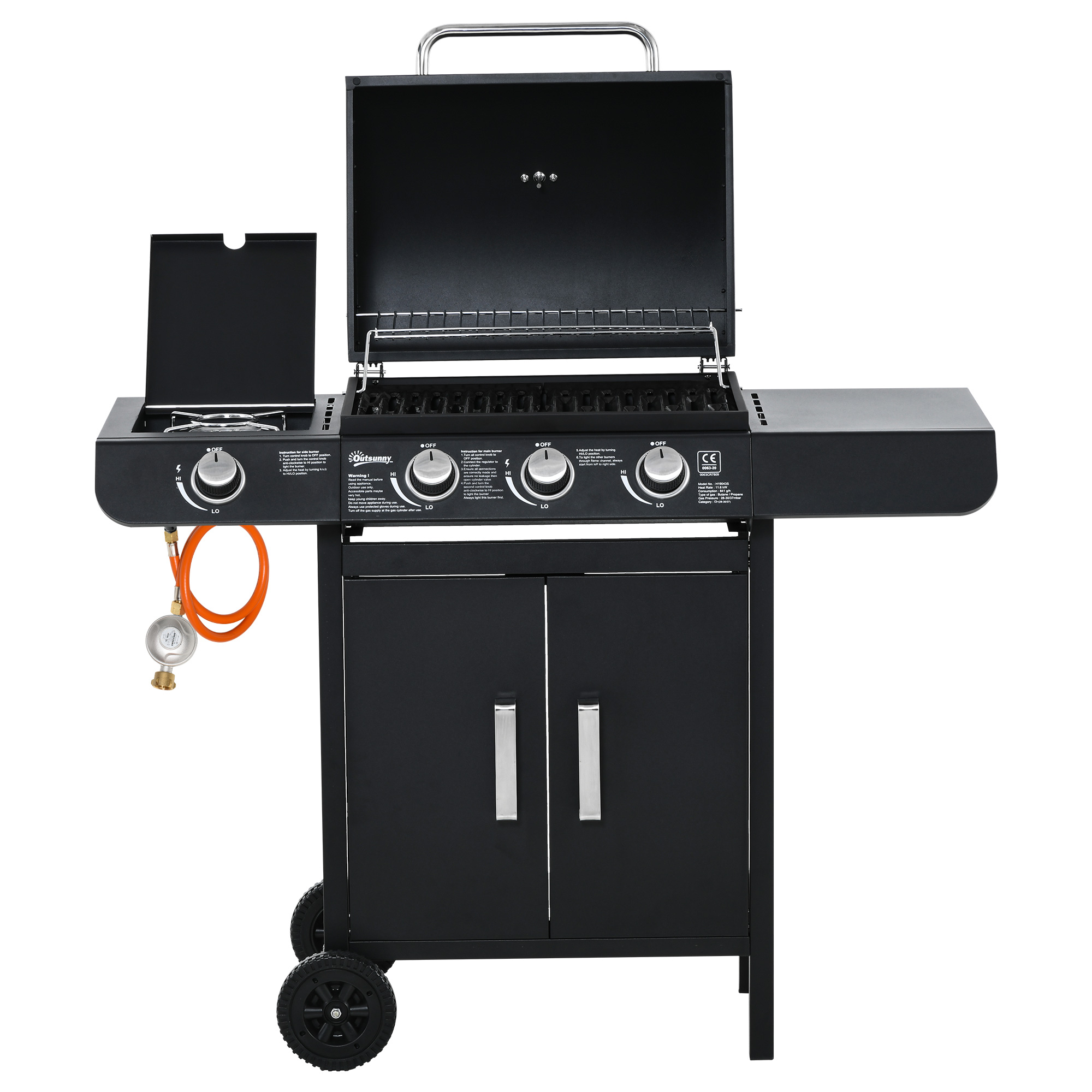 Outsunny gasgrill BBQ met 4 branders metaal zwart 110 x 50 x 100 cm