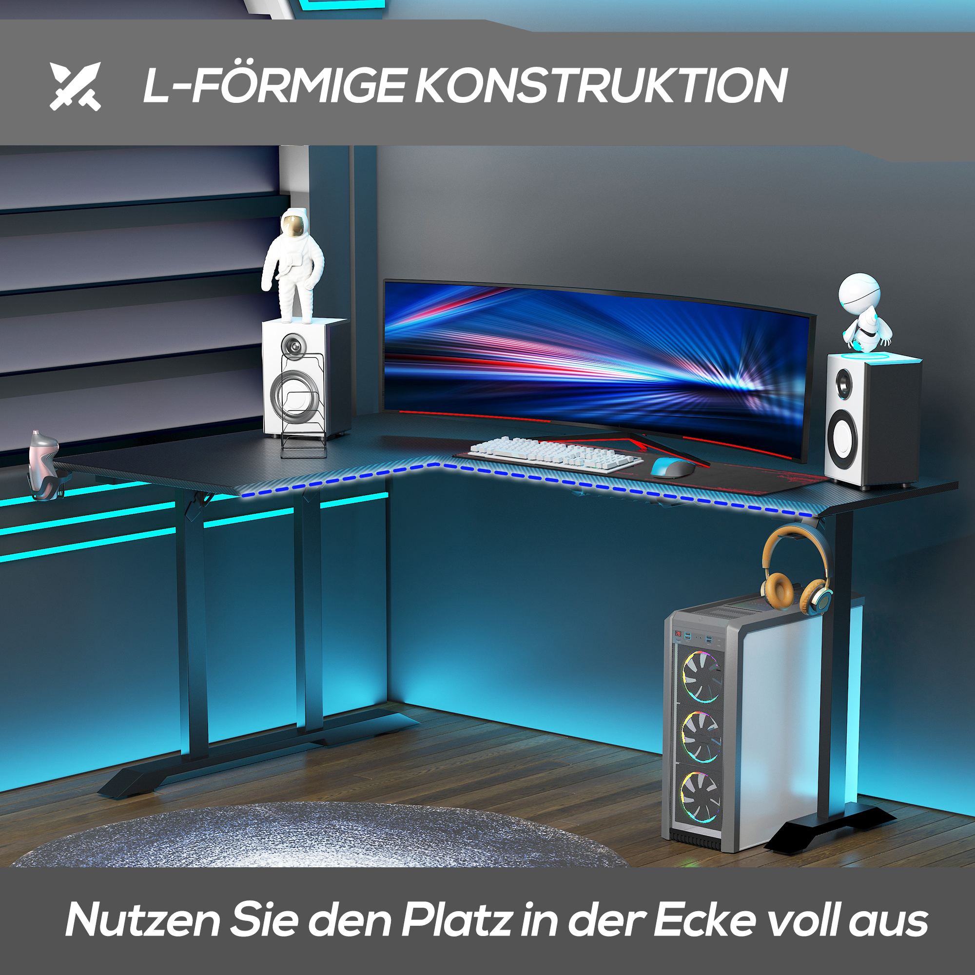 HOMCOM gaming-tafel bureau L-vormig met koptelefoonhaak bekerhouder computertafel metaal MDF zwart + rood 168 x 109 x 78 cm