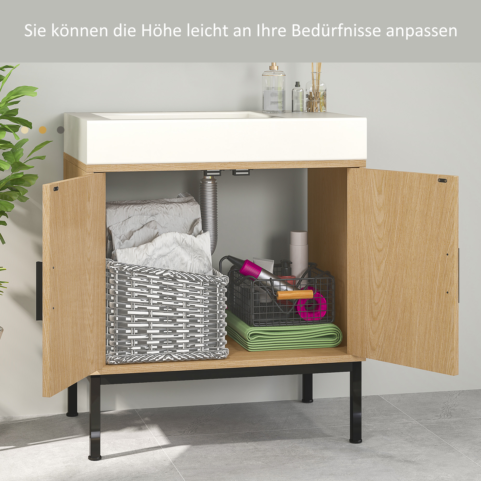 kleankin Badkameronderkast in Boho-ontwerp, Badkamerkast met Rieten Elementen, met U-vormige Uitsparing, Eiken