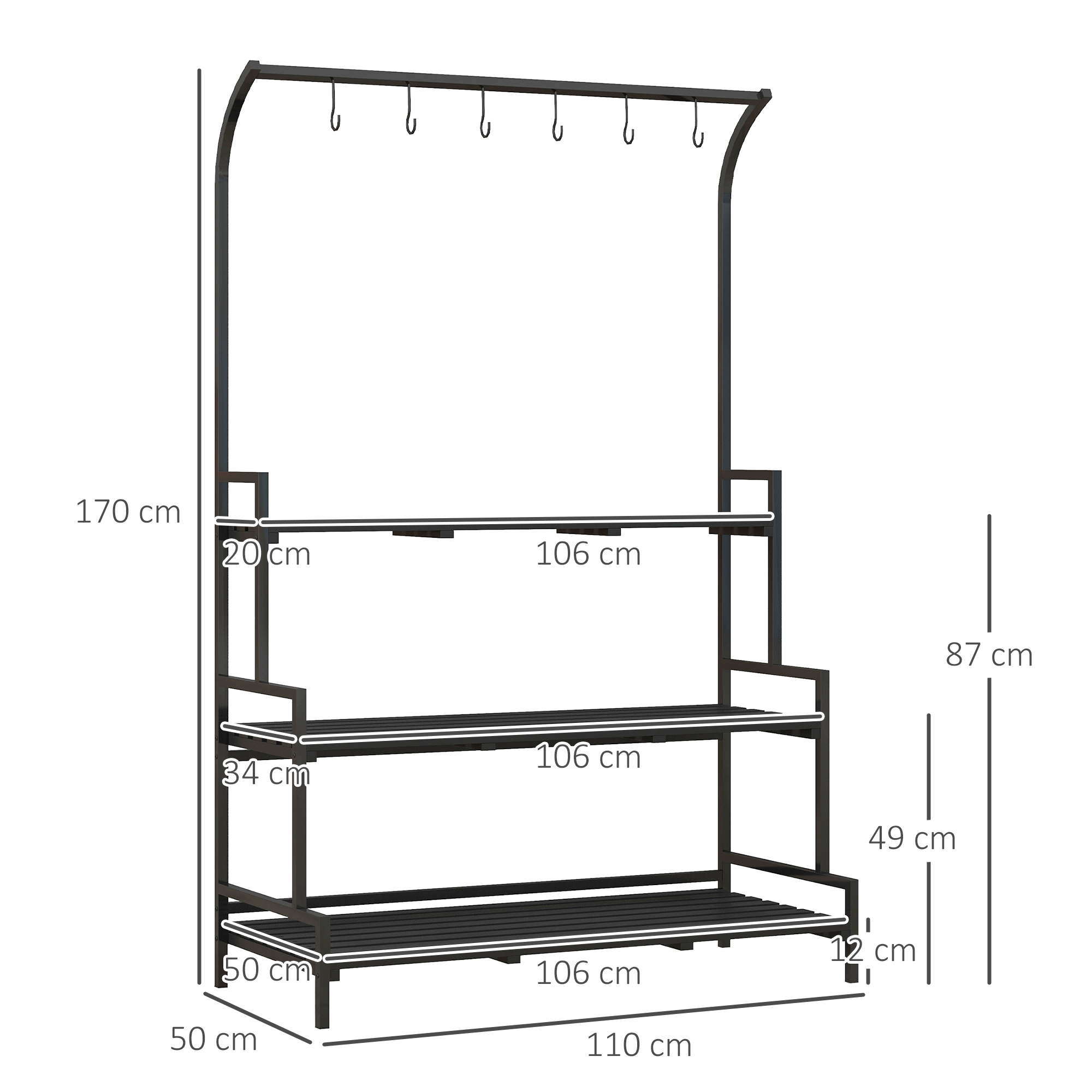 Outsunny Bloemenstandaard, 3 niveaus, 6 haken, voor binnen en buiten, metalen frame, 170H x 110L x 50B cm, zwart