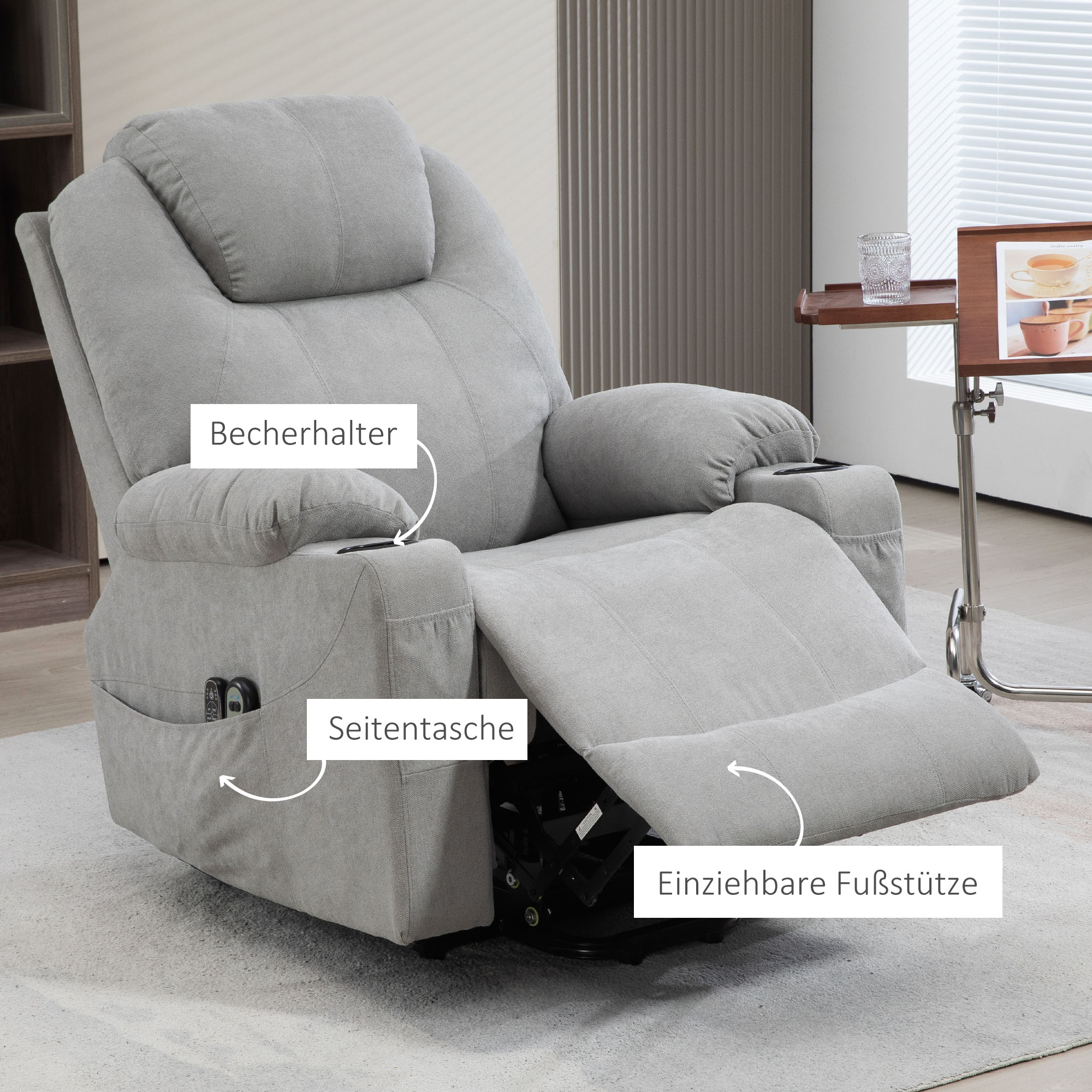 HOMCOM Massagestoel met Opsta-hulp voor Senioren, 8 Vibratiepunten, 2 Zijzakken, Drankhouder, 90 x 101 x 107 cm, Grijs