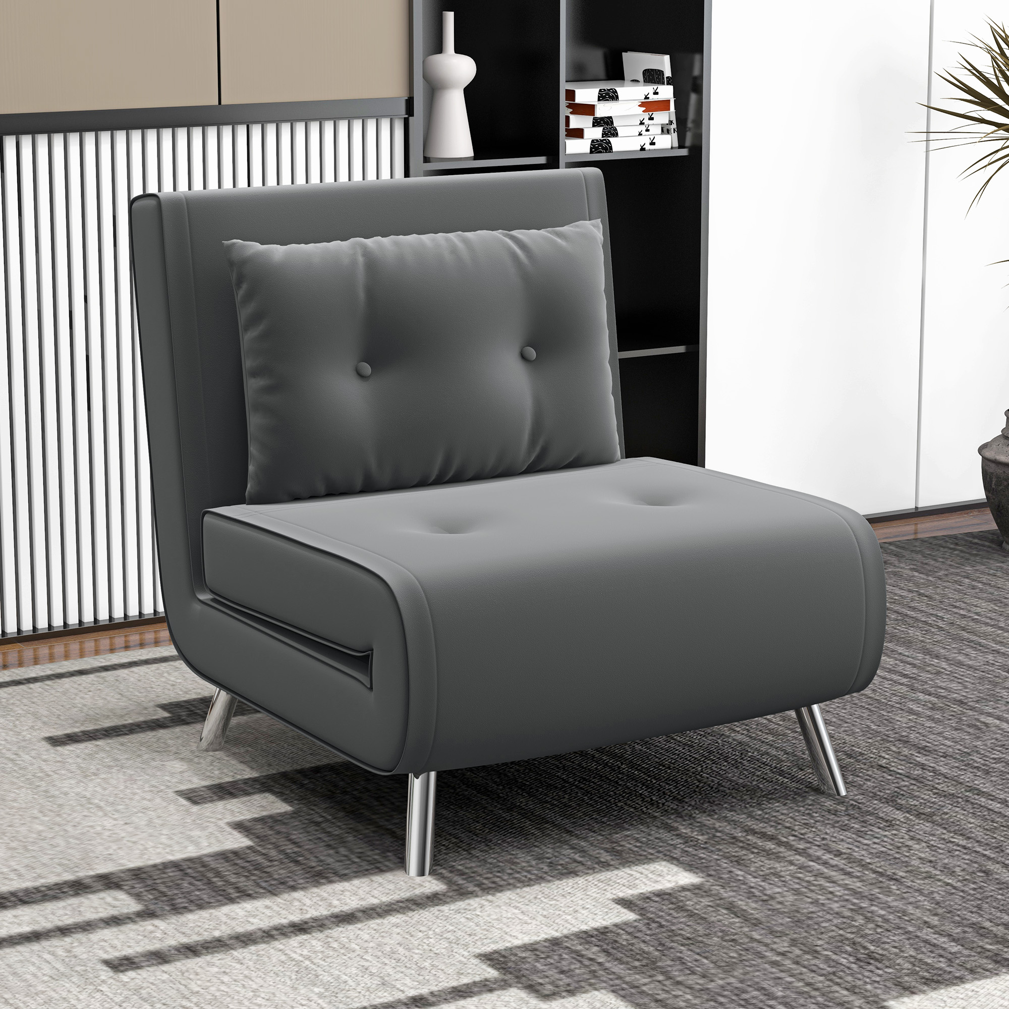 HOMCOM Ligstoel Stoel met Ligfunctie Slaapstoel, Knoopdetail, Linnenlook, 77 cm x 88 cm x 83 cm, Donkergrijs