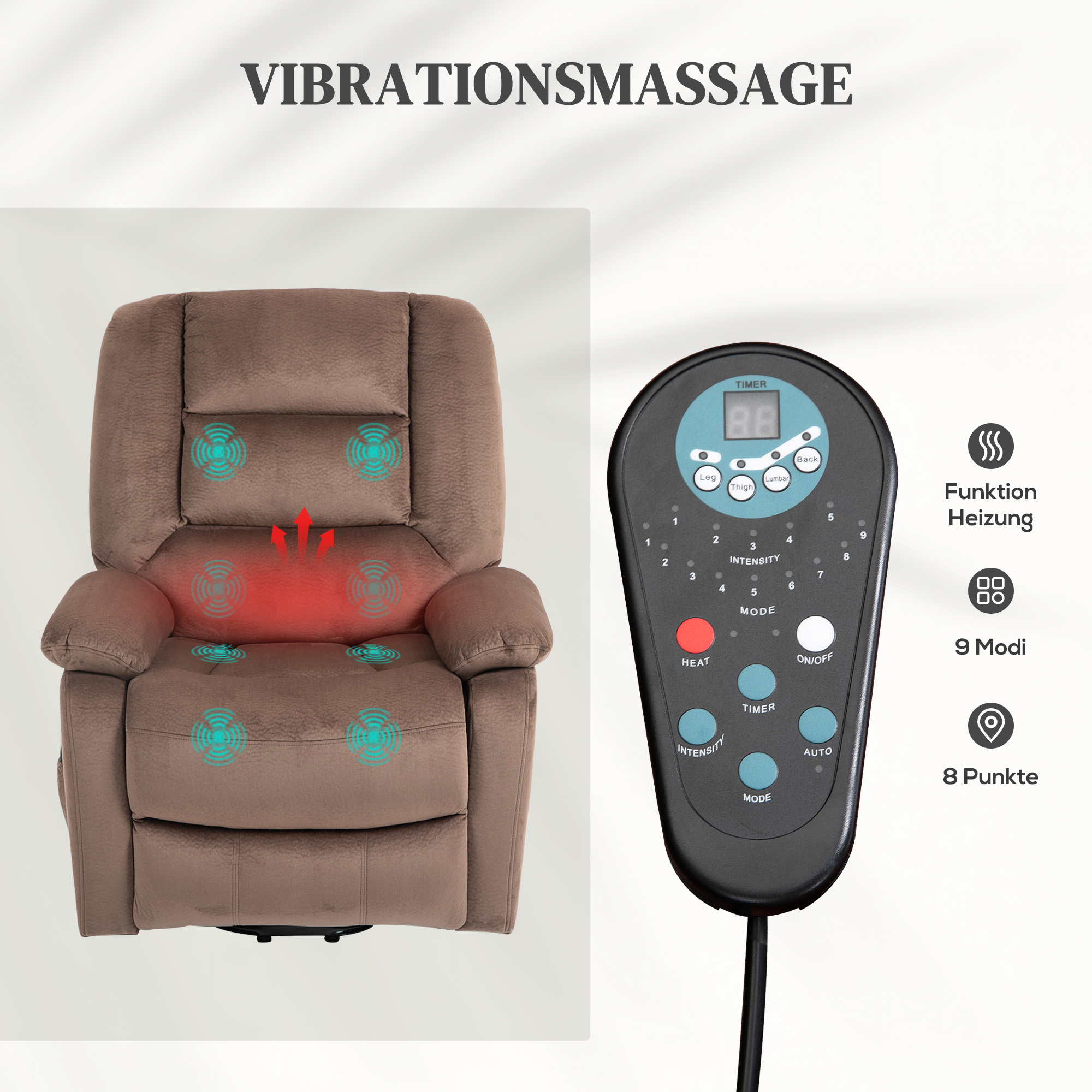 HOMCOM Opstastoel met Massagefunctie, 90x93x110cm, Bruin