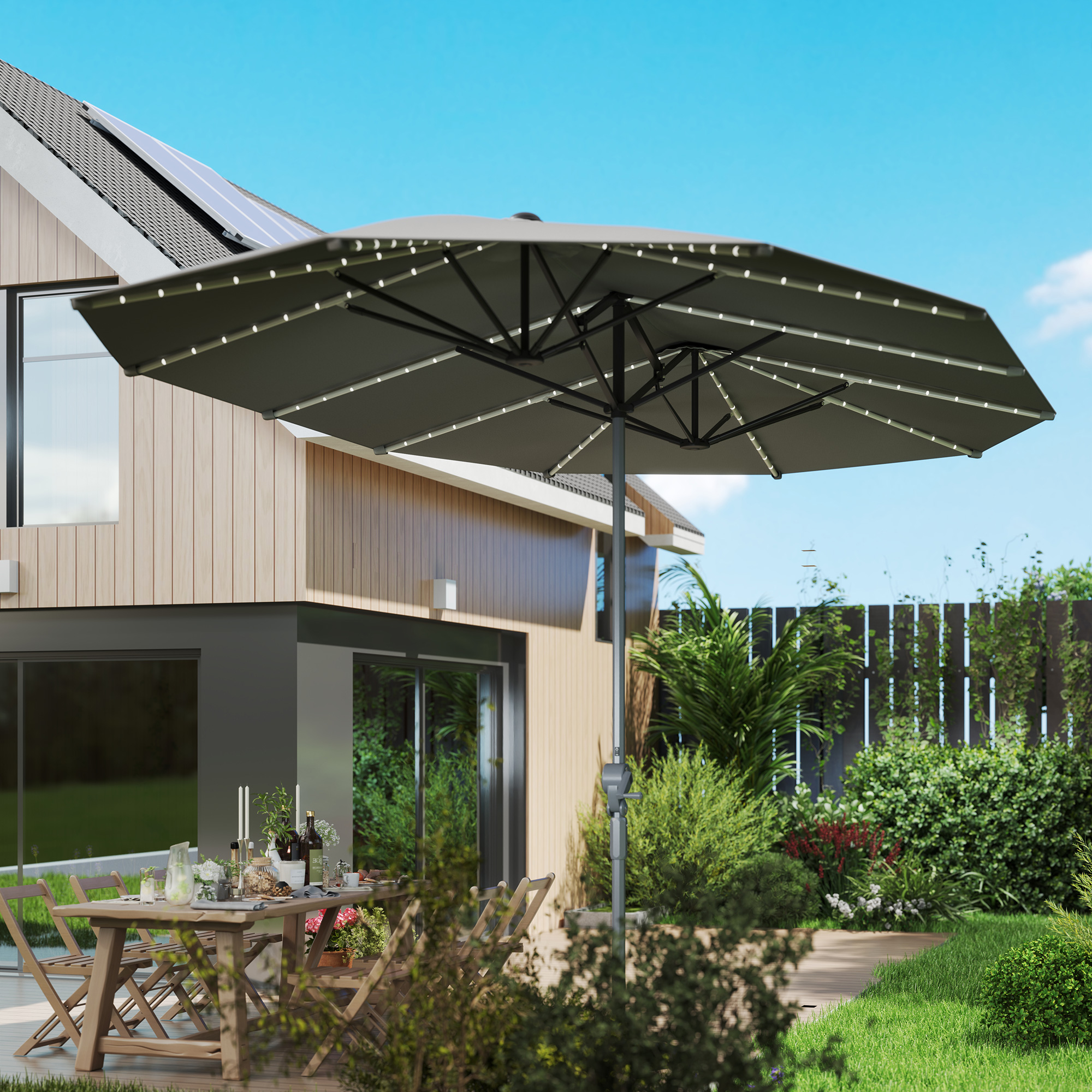 Outsunny Dubbele Parasol met Zonne-energie Verlichting, Aluminium, Polyester, UPF50+ Bescherming, UV-bestendig, Terras Parasol, Donkergrijs