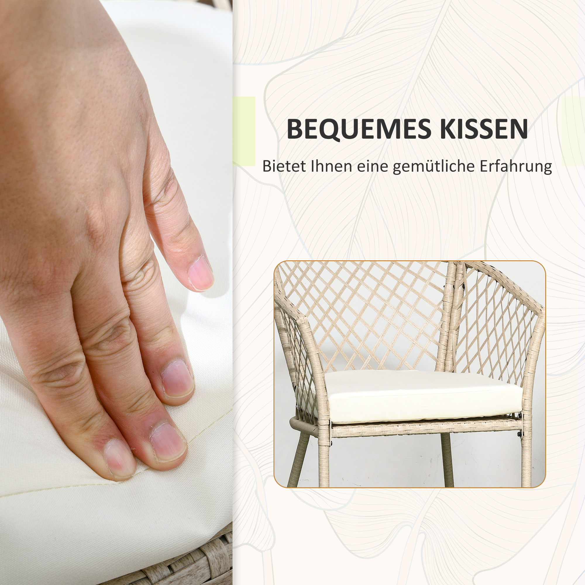 Outsunny Rattan Tuinmeubelset, 2 Stoelen en Tafel, Gehard Glas Tafelblad, PE Rattan, Zitkussens, Metalen Frame, Khaki