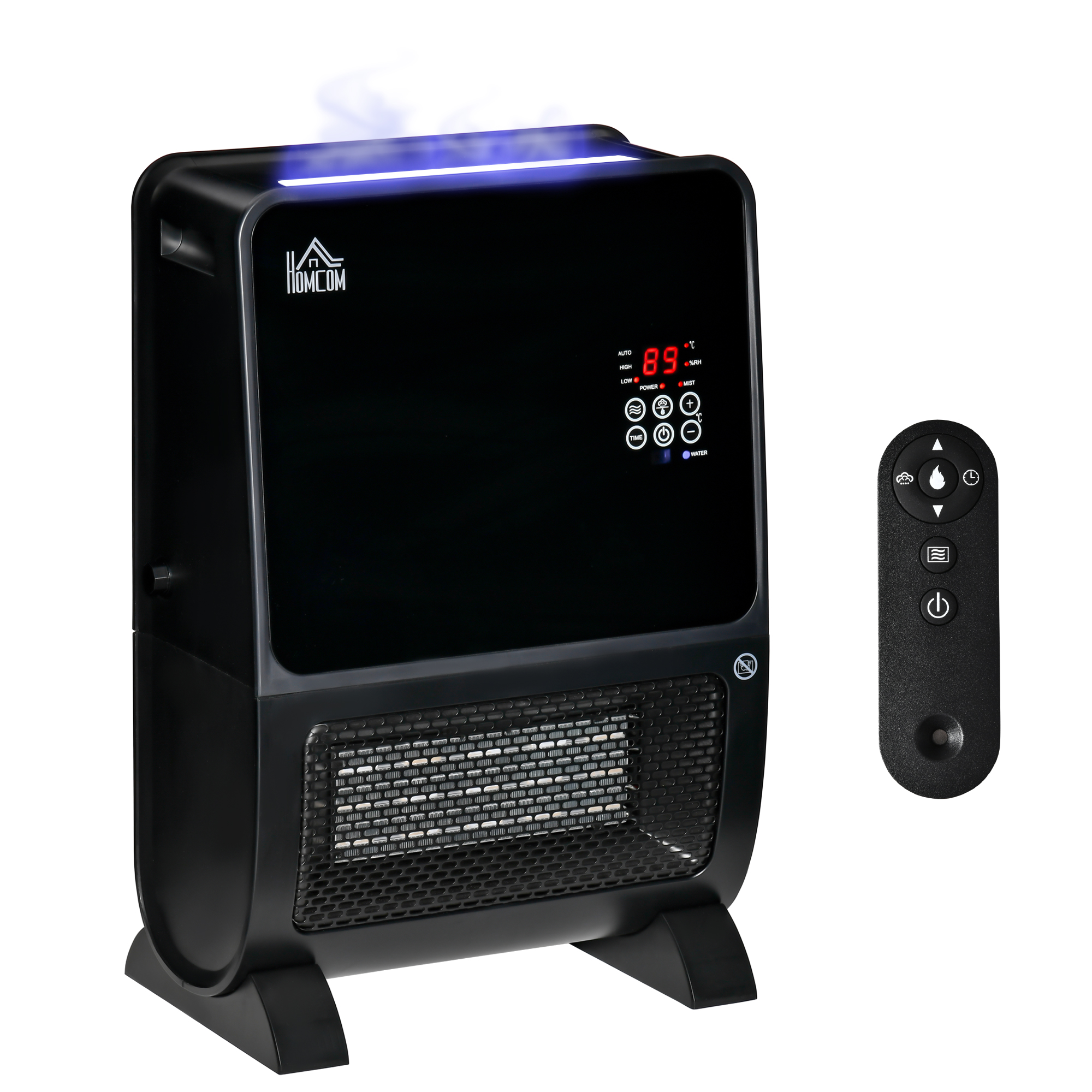 HOMCOM 2 in 1 luchtverhitter met afstandsbediening luchtbevochtiger keramisch LED licht bevochtigingsfunctie 8-uurs timer kachel verwarming 2000W ABS zwart 33 x 21 x 49.5 cm
