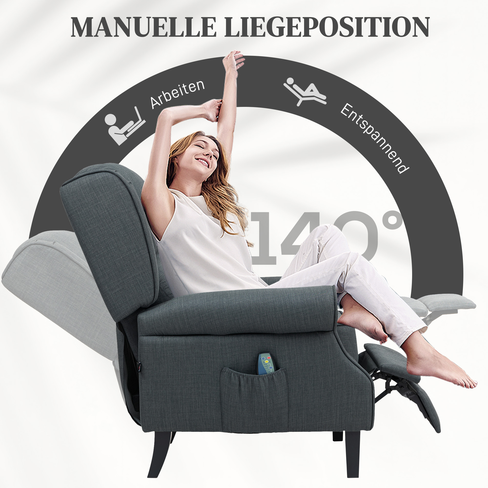 HOMCOM Massagestoel met Verwarmingsfunctie, 2 Massagezones, Ligfunctie, tot 150 kg, Donkergrijs