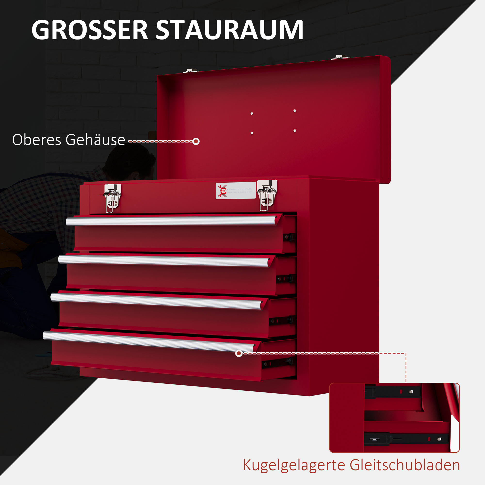 DURHAND Gereedschapskist met 4 lades, bovenvak, stalen sloten, draaggreep, 51x22x39,5 cm, Rood