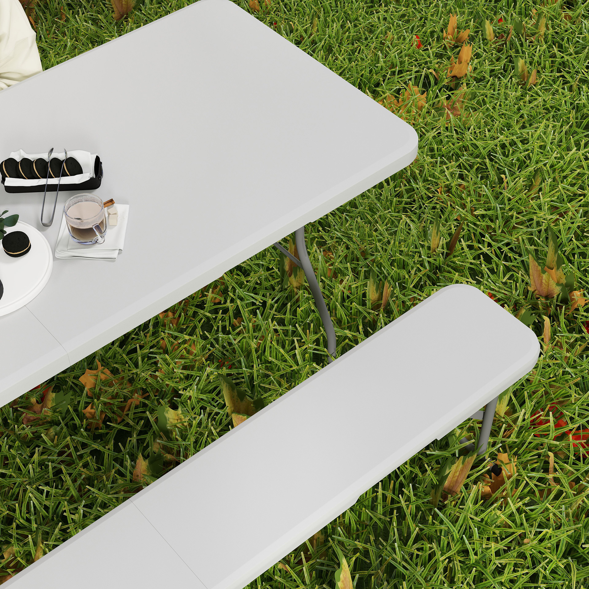 Outsunny 3-delig Picknicktafelset, 1 Tafel, 2 Banken, Opvouwbare Campingtafel met Draaghandvatten, Kunststof, Metaal, Wit