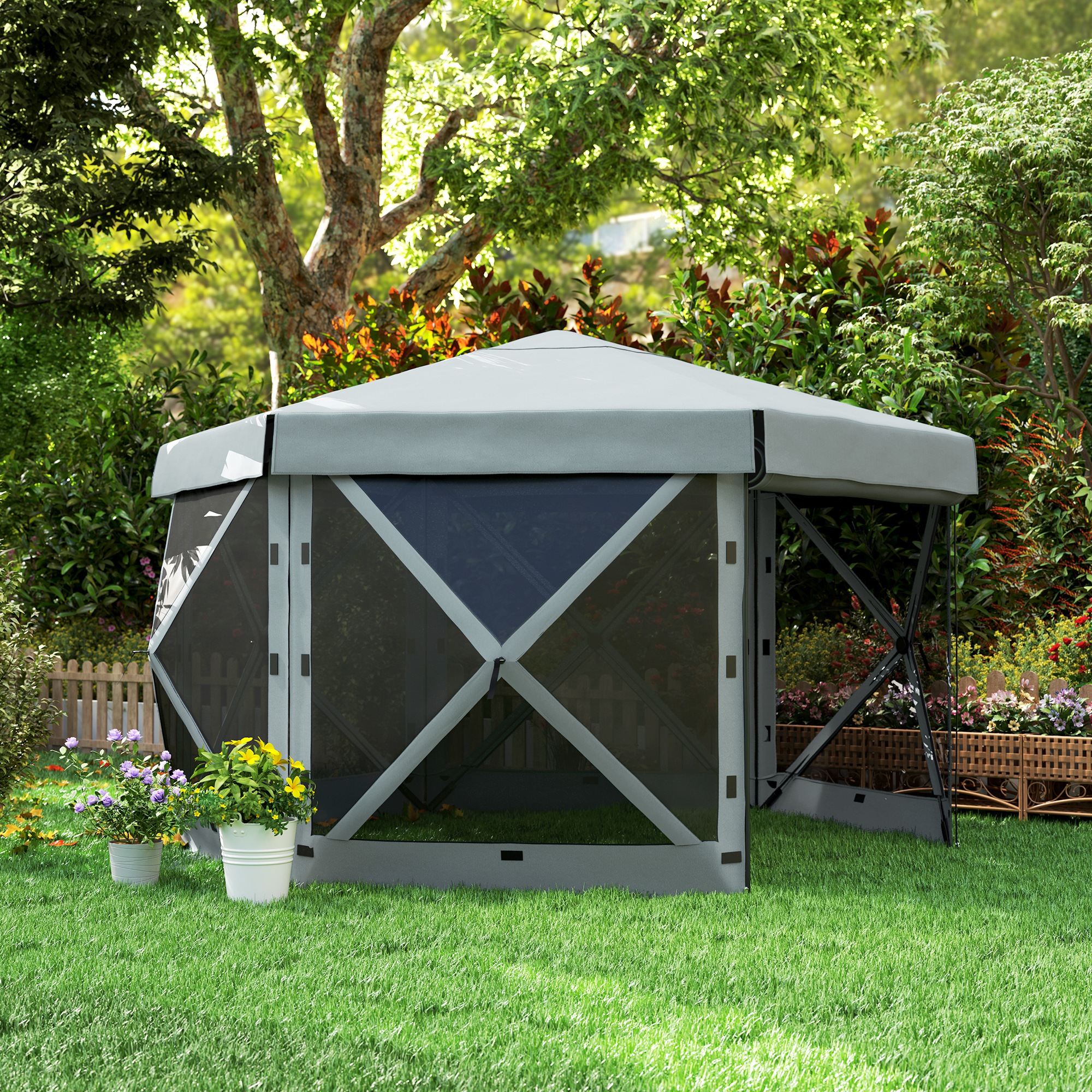 Outsunny Tuin-Paviljoen, Tuintent met 5 Gaaswanden en Draagtas, Waterdicht, UV-bestendig, Partytent, Lichtgrijs