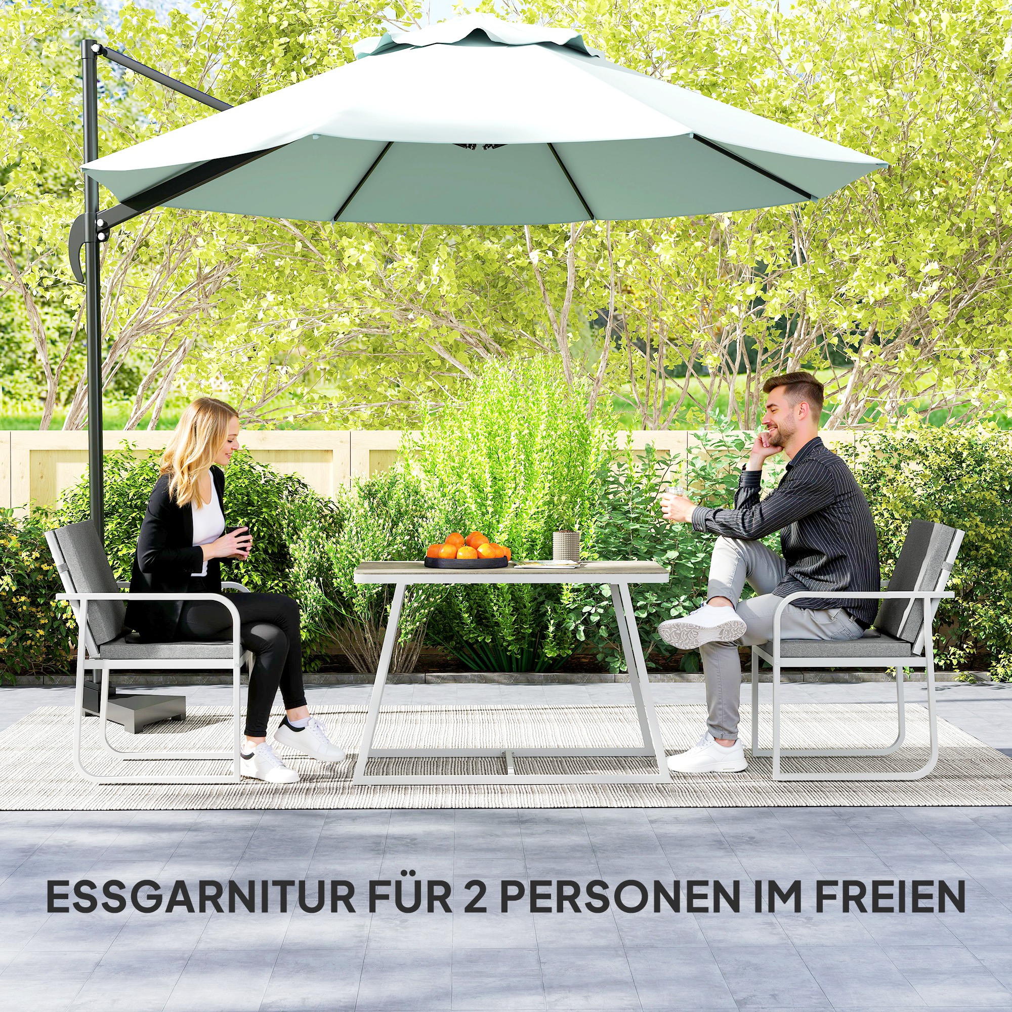 Outsunny 3-delige Eetset voor 2 Personen met Glastafel en Kussens - Lichtgrijs