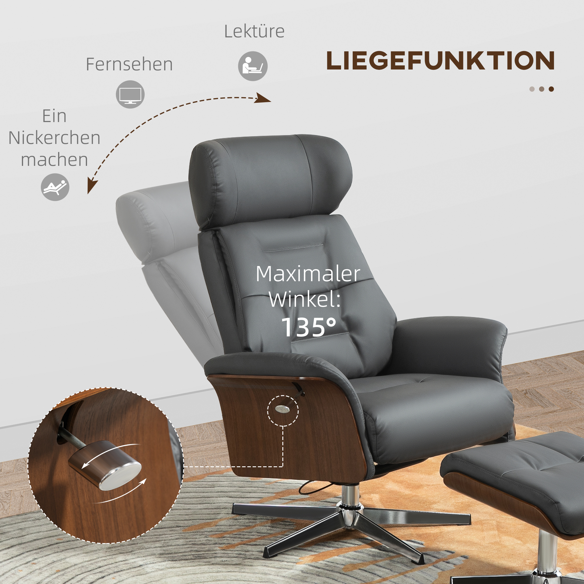 HOMCOM Relaxstoel met kruk, Ligfunctie, Draaibaar, Lederlook, tot 150 kg, Donkergrijs