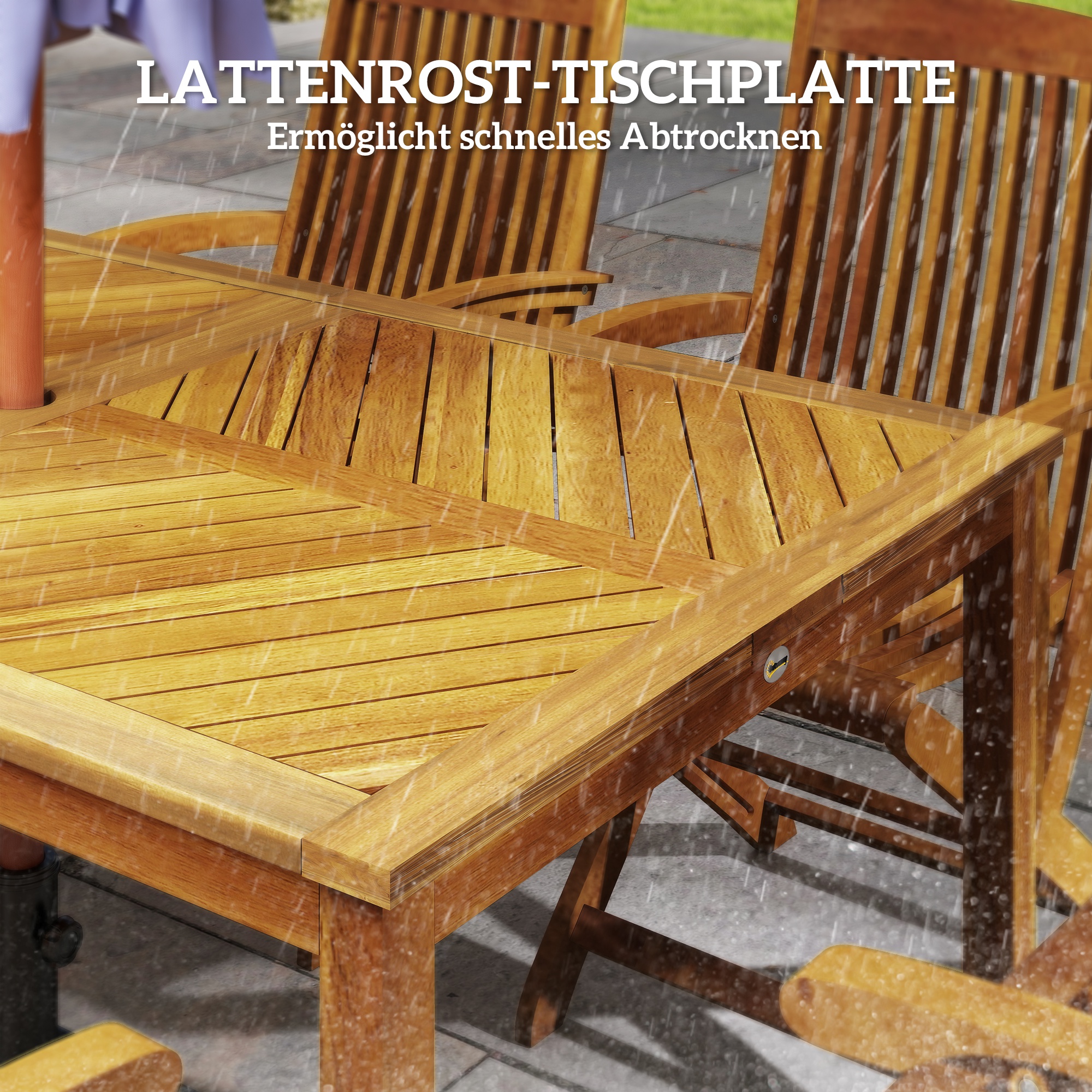 Outsunny Tuintafel inklapbaar 150x85cm, Weerbestendige Balkontafel van Hout, 6-Persoons met Parasolgat, Lamellenontwerp Teak