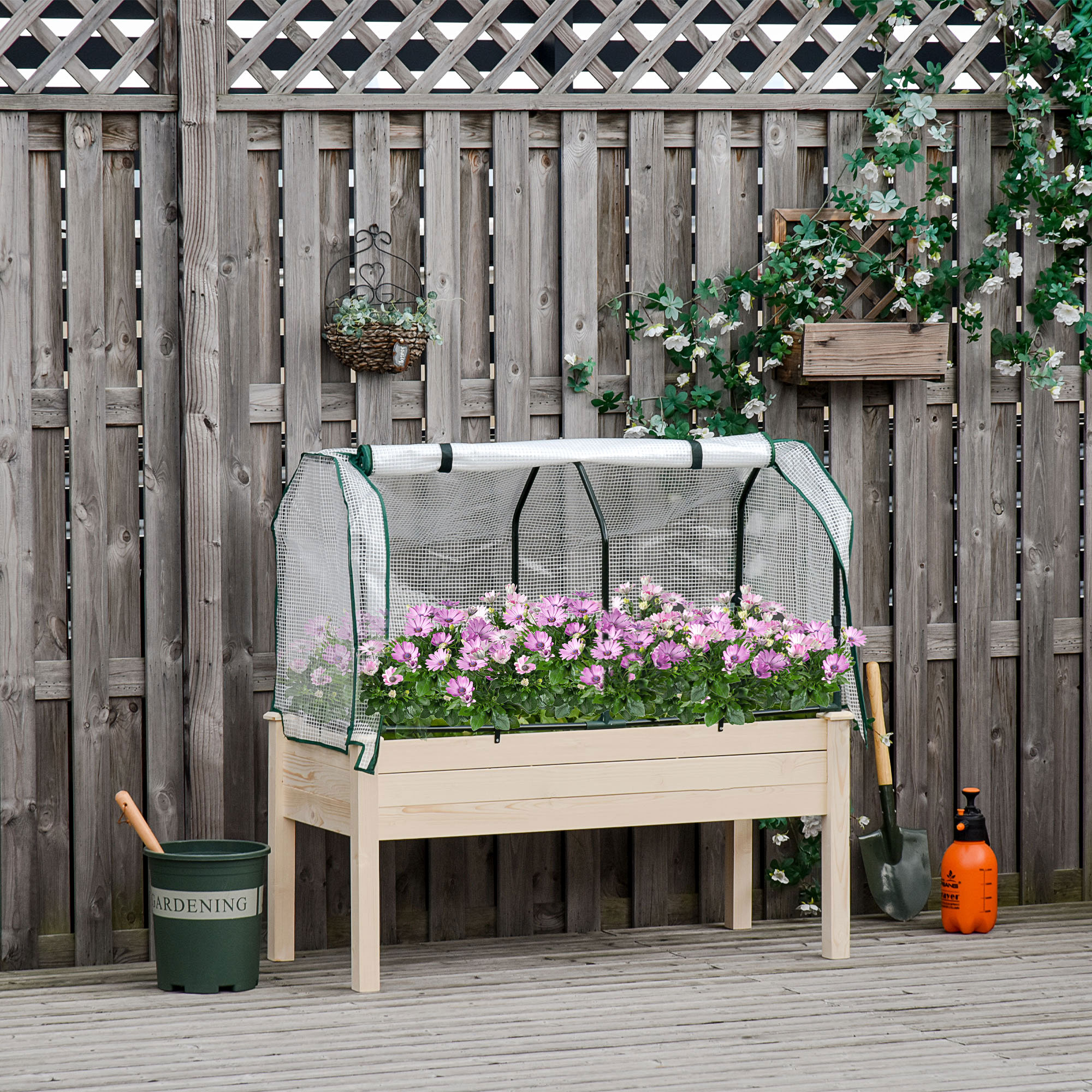 Outsunny Verhoogd Bed, Oprolbare Folieafdekking, Natuurlijk Houten Frame, Stofvoering, Afvoeropeningen, 121 x 55 x 117cm
