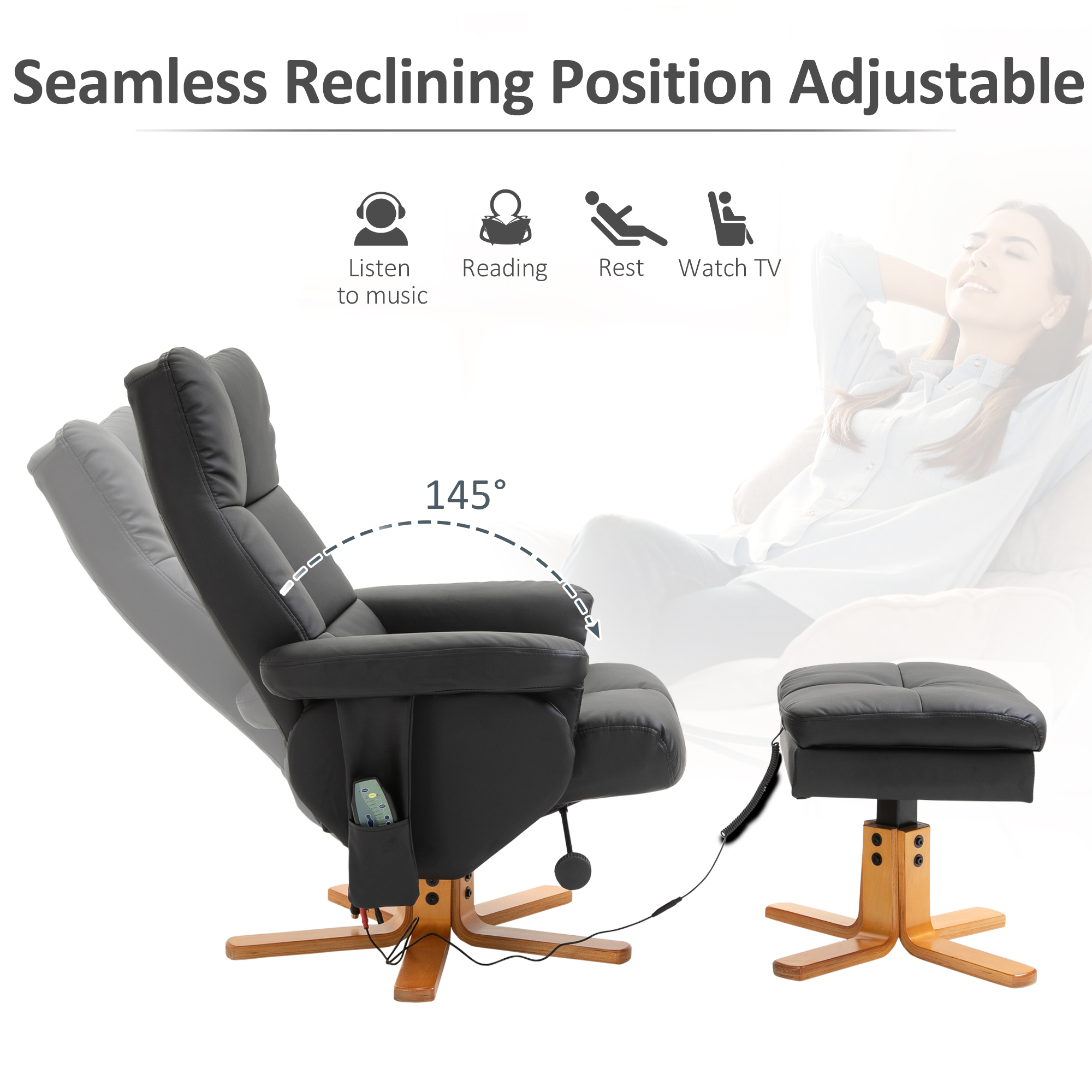 HOMCOM massagestoel met voetenbank relaxstoel kantelbaar tot 145° kunstleer zwart 80 x 86 x 99 cm