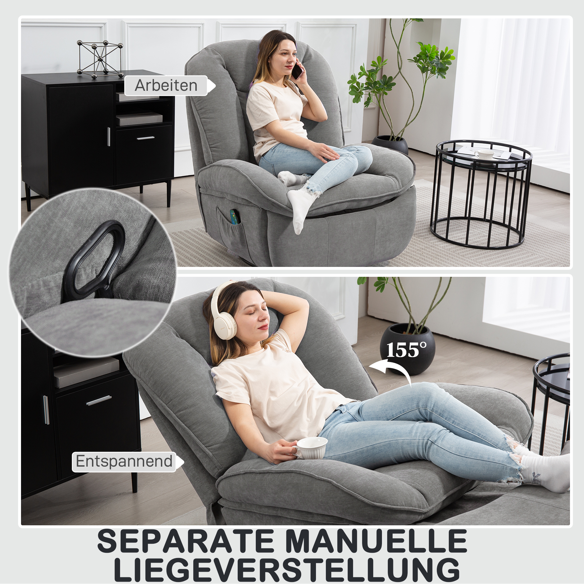 HOMCOM Relaxfauteuil, TV-fauteuil met Ligfunctie, Schommel- en Draaibaar, met Voetsteun, Grijs