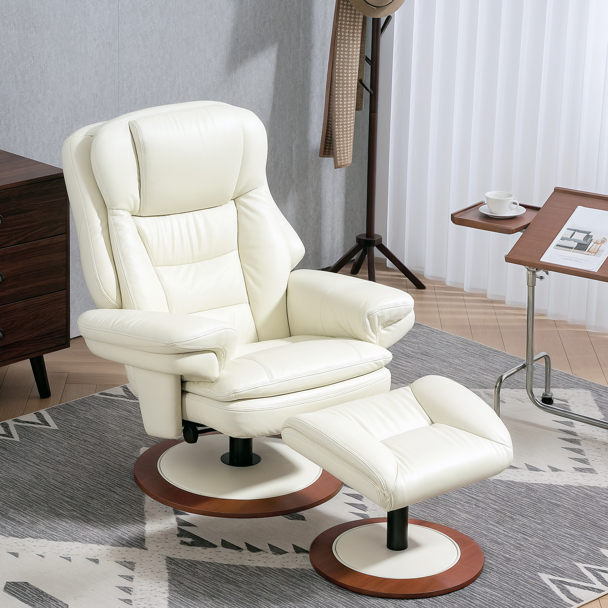 HOMCOM Relaxfauteuil met Voetenbank, 360° Draaibaar, Ergonomisch, Kunstleer, 94 x 98 x 104 cm, Crèmewit