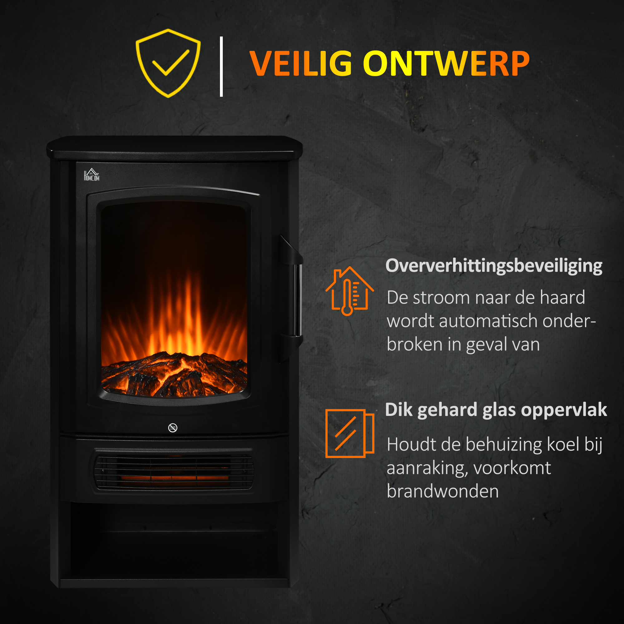 HOMCOM elektrische haard, realistische vlammen, 2 verwarmingsniveaus, bescherming tegen oververhitting, staal, zwart, 44,5 x 32 x 74 cm
